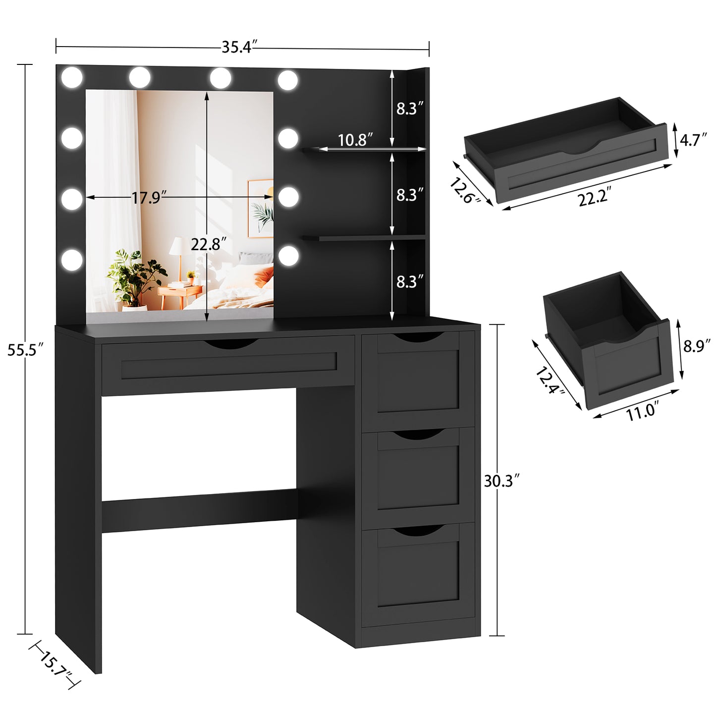 usikey Makeup Vanity Desk with Mirror and 10 LED Lights, Makeup Vanity Table with 4 Drawers, Vanity Desk Dressing Table with 2 Storage Shelves, 3 Color Modes Adjustable Brightness for Bedroom