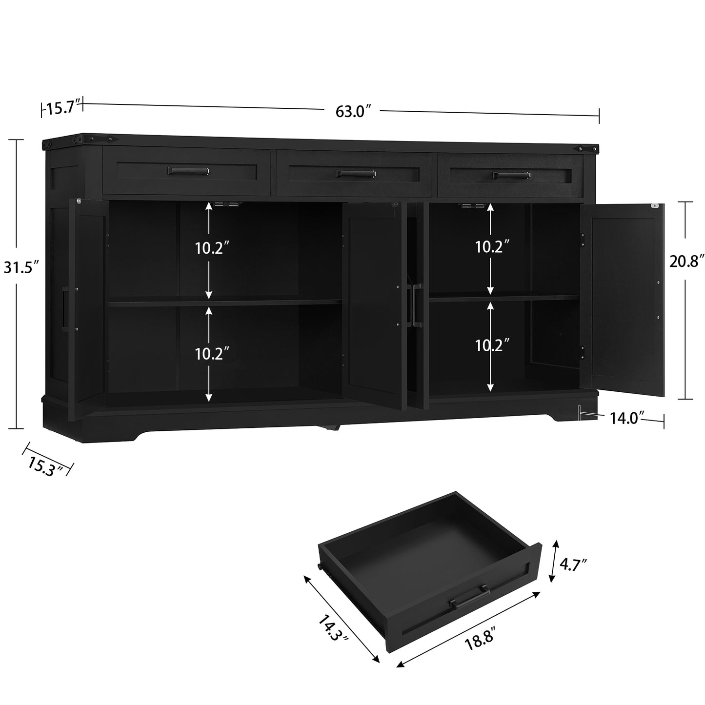 USIKEY Buffet Cabinet, 63” Large Sideboard Buffet Storage Cabinet with 3 Drawers, Farmhouse Coffee Bar with 4 Doors for Kitchen, Living Room