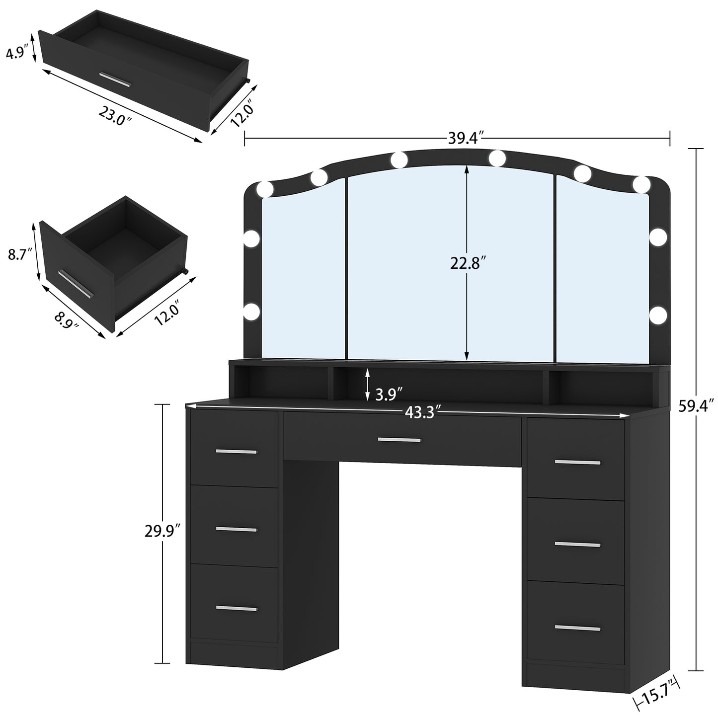 usikey 43.3" Vanity Desk with Large Lighted Mirror, Makeup Vanity Table with 7 Drawers & 10 Lights Bulbs, 3 Lighting Colors, Make Vanity Desk, Vanity Table for Women Girls