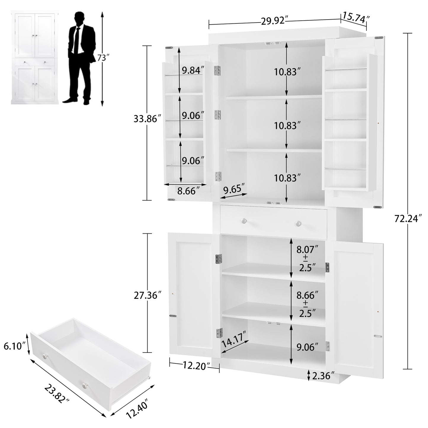 usikey 72?¡À Kitchen Pantry Cabinet, Tall Storage Cabinet with 4 Doors and 1 Drawer, Freestanding Cupboard with 6 Hanging Shelves and Adjustable Shelves for Kitchen, Dining Room,Living Room