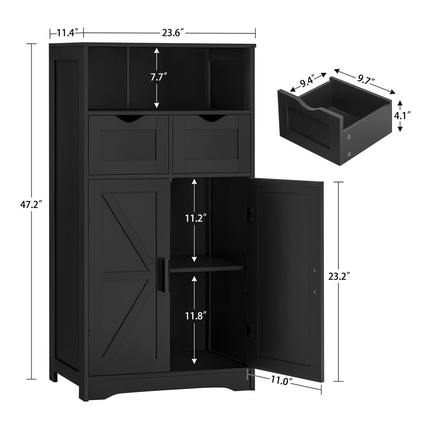 USIKEY Storage Cabinet with 2 Adjustable Drawers & 2 Barn Doors, Standing Cupboard with 2 Shelf, Floor Cabinet for Living Room, Home Office, Kitchen