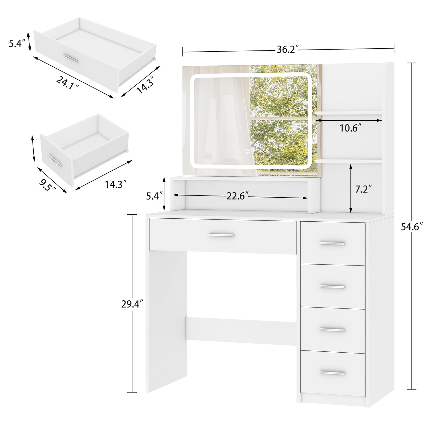USIKEY Makeup Vanity Desk with LIighted Mirror, Vanity Desk with 5 Drawers, 3 Color Modes & Adjustable Brightness Dressing Table, Bedroom 