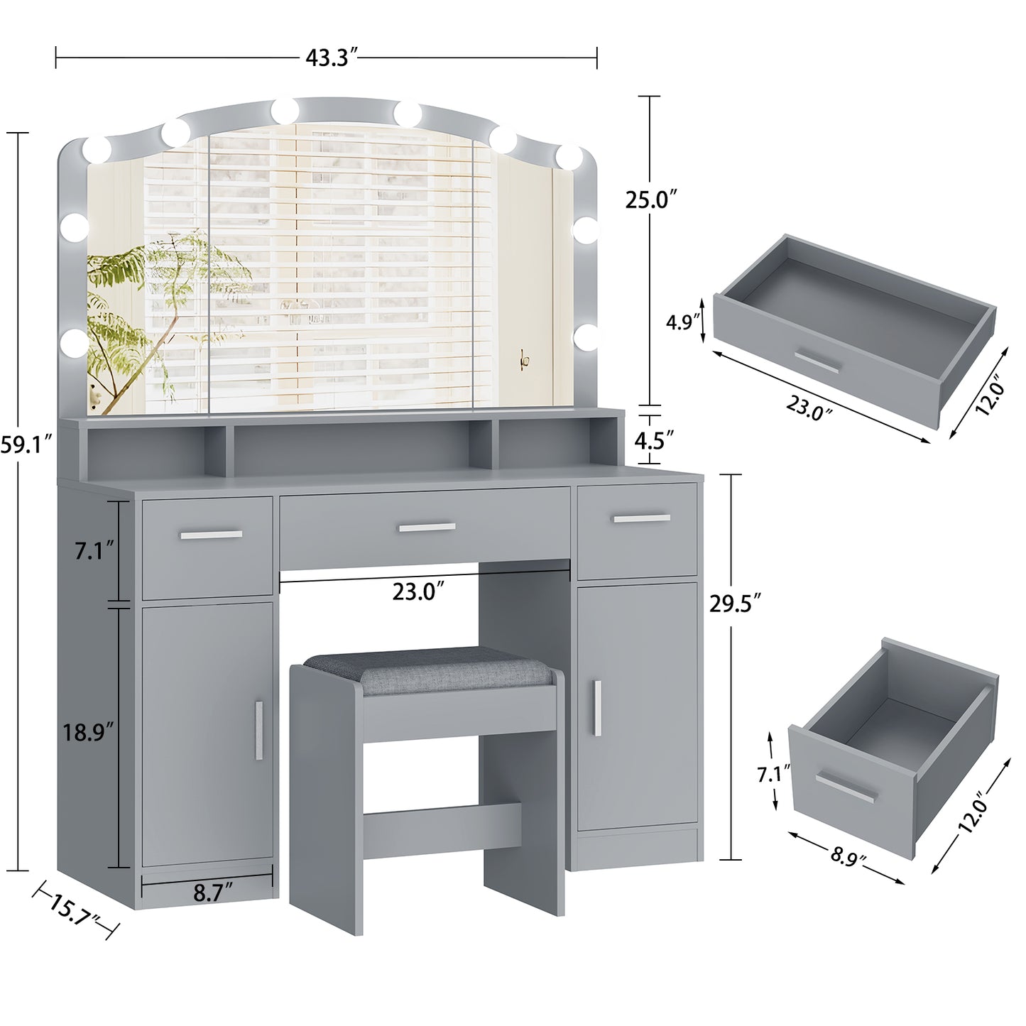 usikey Large Vanity Set with Large Lighted Mirror, Modern Makeup Vanity Table with 3 Drawers, 2 Storage Cabinets & 10 LED Bulbs, Dressing Table with Cushioned Stool for Women, Bedroom, Grey
