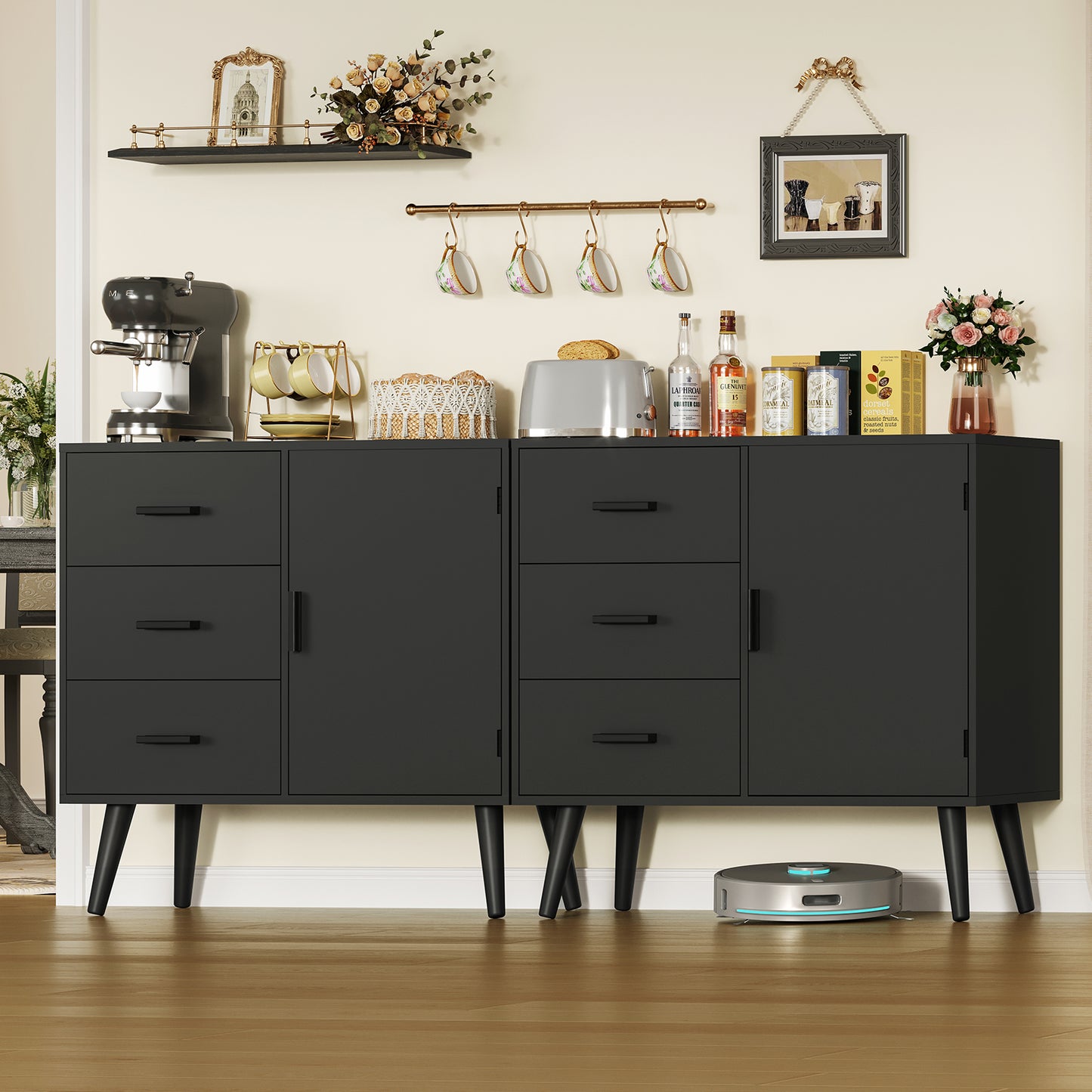 USIKEY Storage Cabinet with Rattan Door & 3 Drawers, Entryway Cabinet with Adjustable Shelf, Accent Cabinet for Living Room