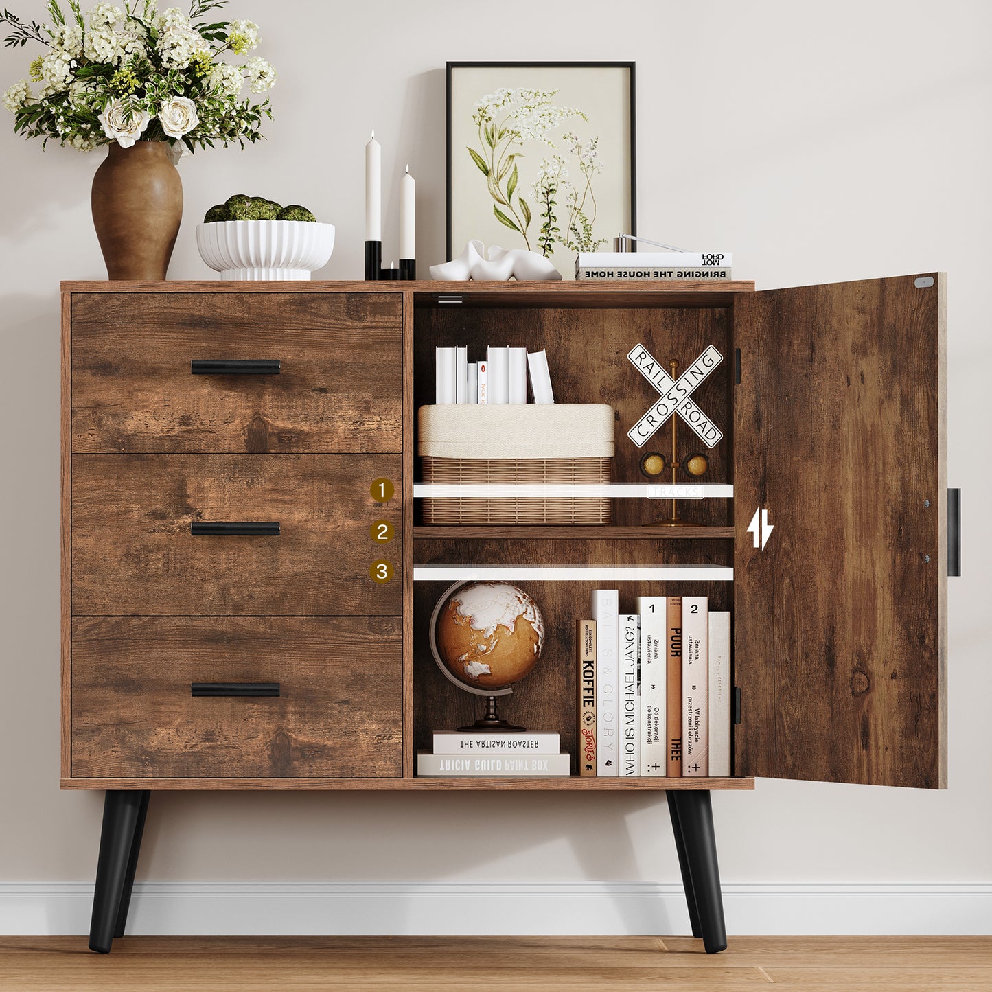 USIKEY Storage Cabinet with Rattan Door & 3 Drawers, Entryway Cabinet with Adjustable Shelf, Accent Cabinet for Living Room