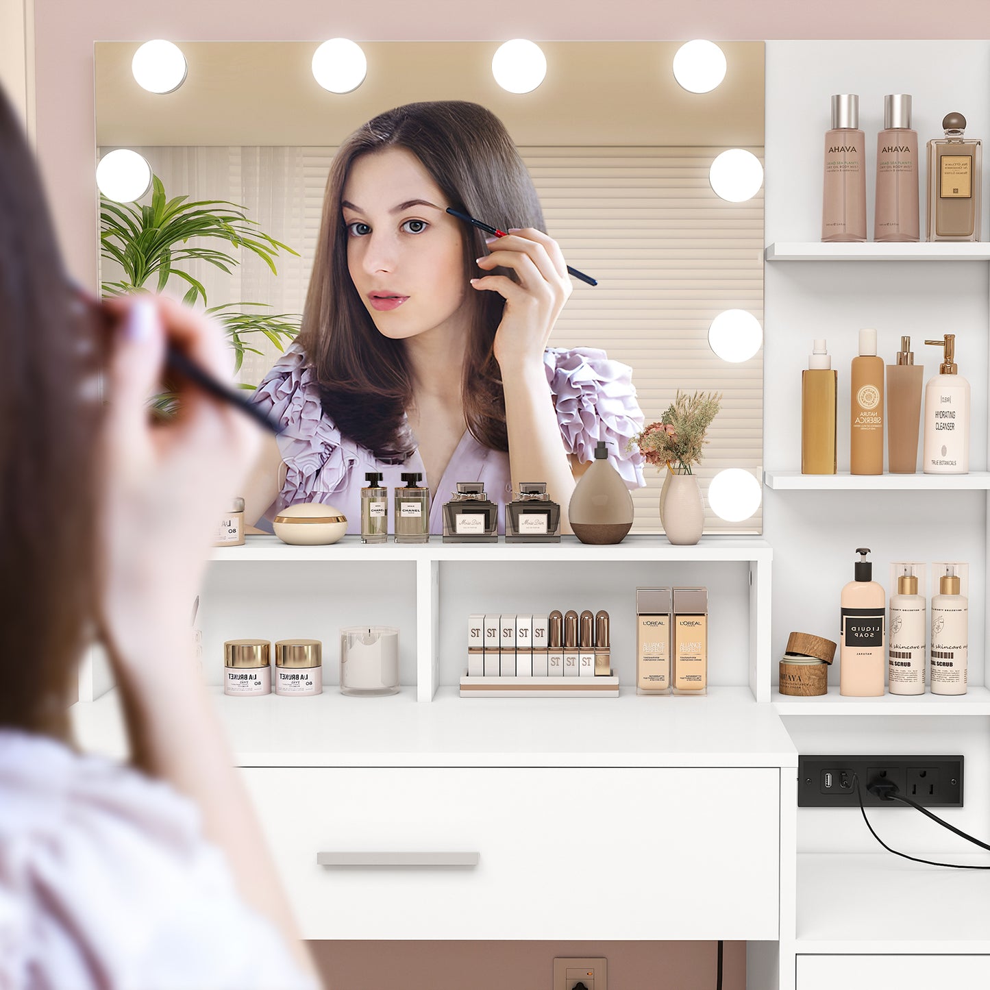 USIKEY Large Vanity Table Set with Lighted Mirror & Charging Station