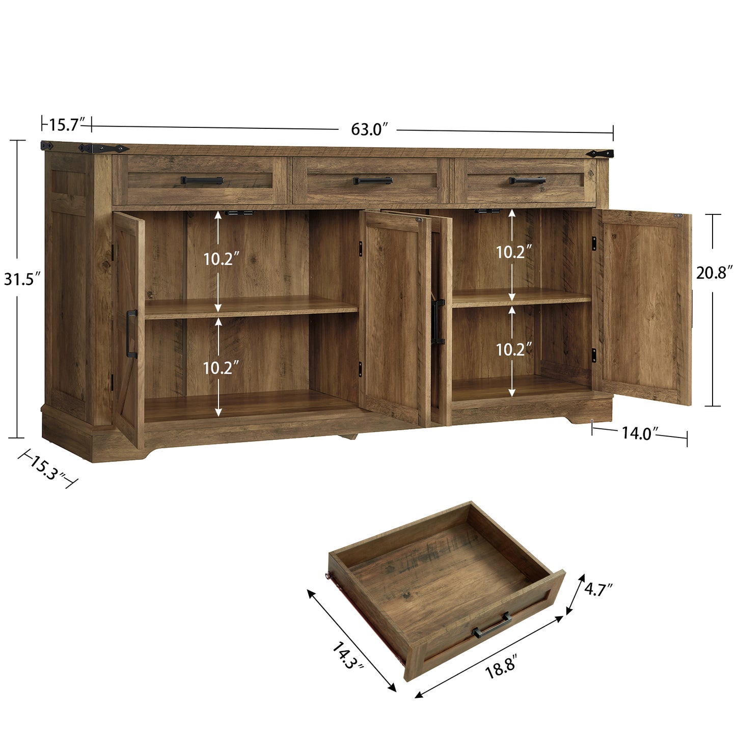 USIKEY Buffet Cabinet, 63” Large Sideboard Buffet Storage Cabinet with 3 Drawers, Farmhouse Coffee Bar with 4 Doors for Kitchen, Living Room