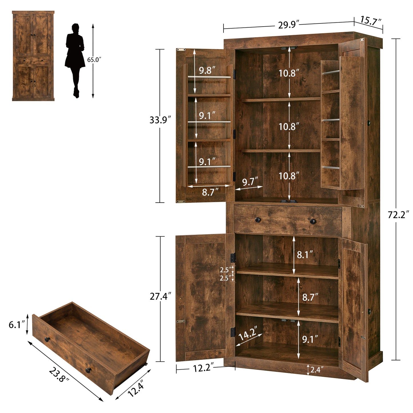 usikey 72?¡À Kitchen Pantry Cabinet, Tall Storage Cabinet with 4 Doors and 1 Drawer, Freestanding Cupboard with 6 Hanging Shelves and Adjustable Shelves for Kitchen, Dining Room,Living Room