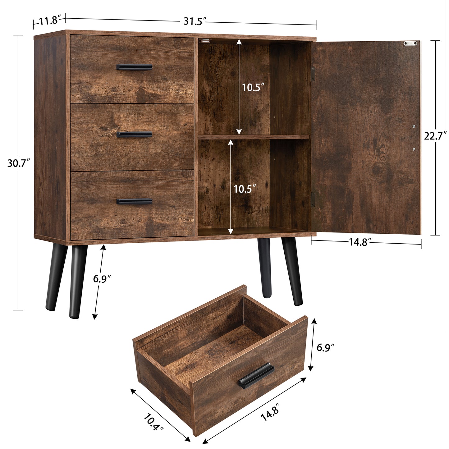 USIKEY Storage Cabinet with Rattan Door & 3 Drawers, Entryway Cabinet with Adjustable Shelf, Accent Cabinet for Living Room