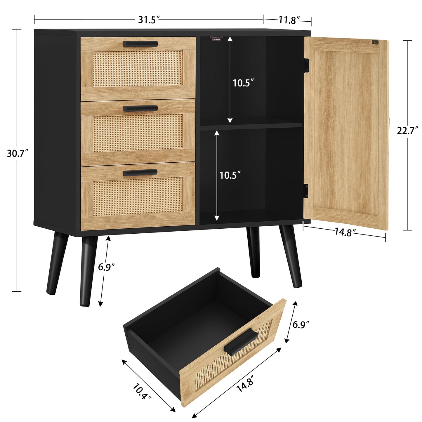 USIKEY Storage Cabinet with Rattan Door & 3 Drawers, Entryway Cabinet with Adjustable Shelf, Accent Cabinet for Living Room