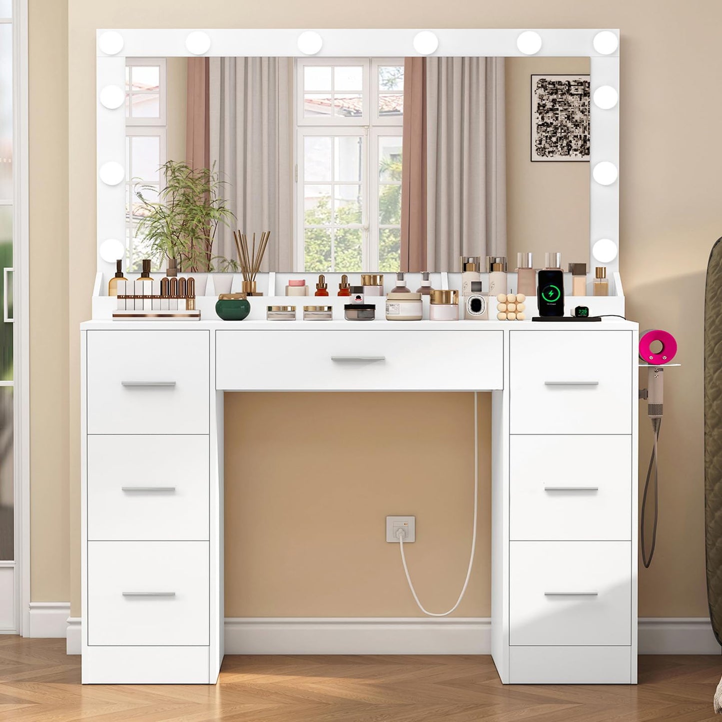 USIKEY Makeup Vanity with Large Mirror and 12 LED Lights, Vanity Desk with 7 Drawers & Charging Station, Makeup Desk Dressing Table
