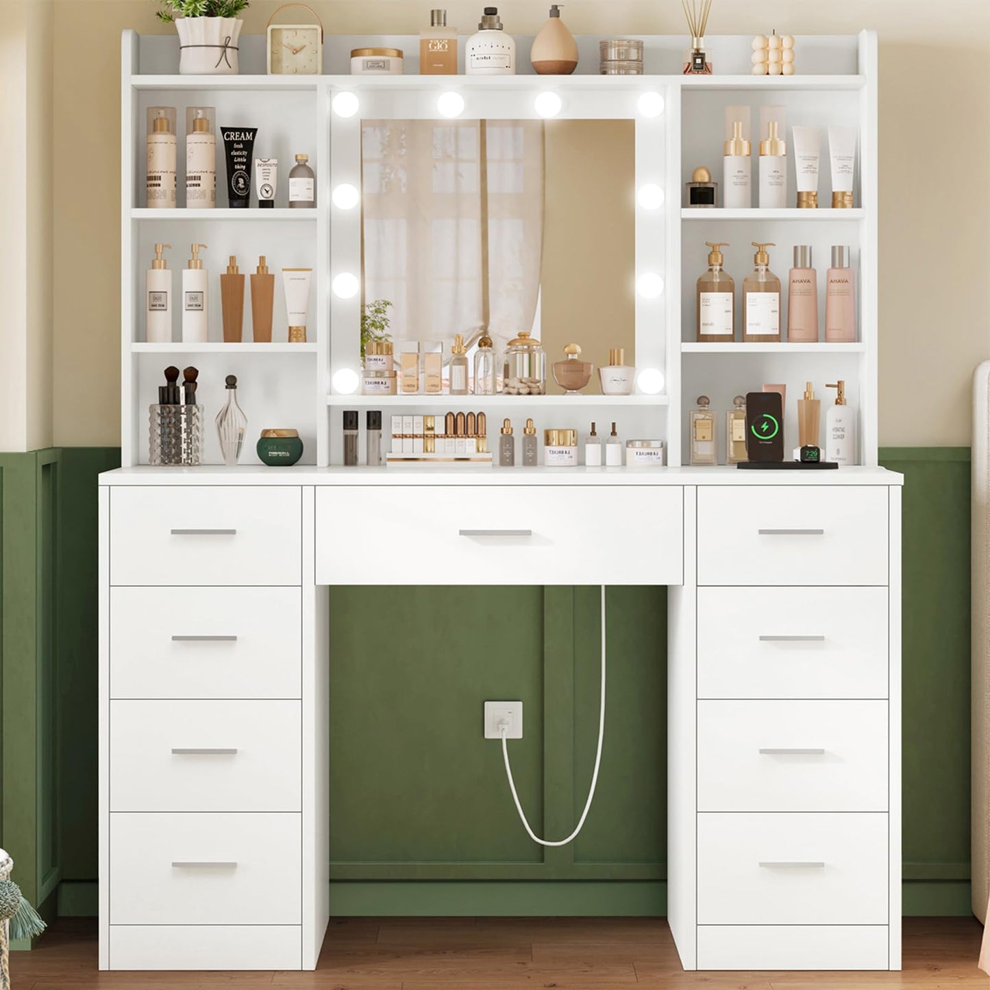 USIKEY Vanity Desk with Mirror and Lights, Power Outlet, Makeup Vanity with 9 Drawers & 6 Open Storage Shelves, 3 Lighting Modes Brightness Adjustable