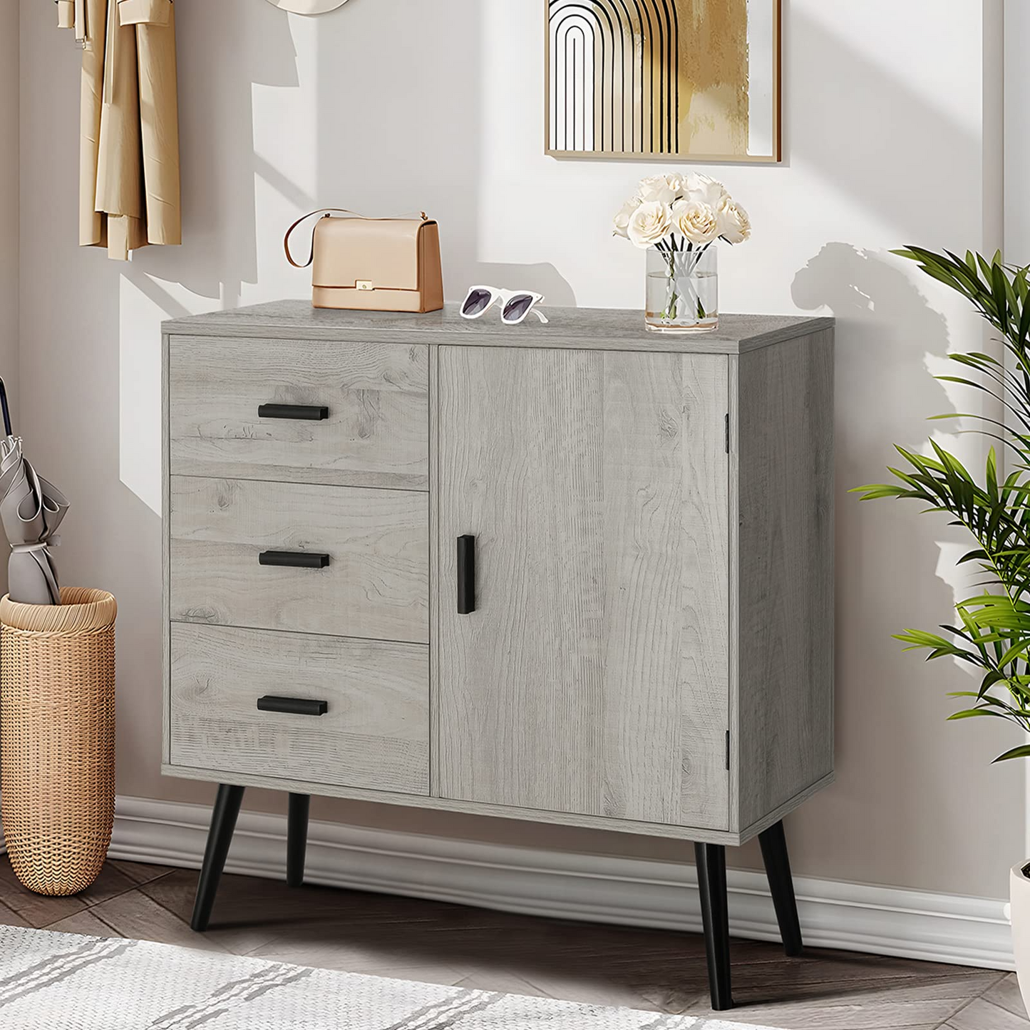 USIKEY Storage Cabinet with Rattan Door & 3 Drawers, Entryway Cabinet with Adjustable Shelf, Accent Cabinet for Living Room