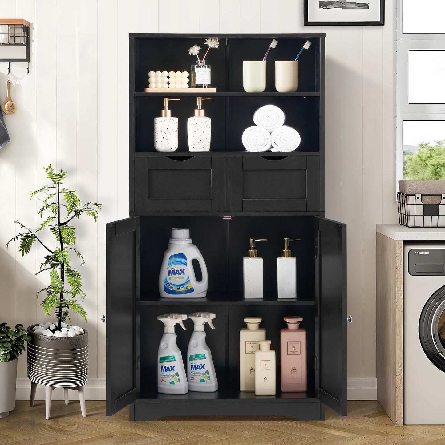 USIKEY Tall Bathroom Cabinet, Storage Cabinet with 2 Drawers & Adjustable Shelves, Bathroom Storage Cabinet for Living Room, Dining Room, Entryway