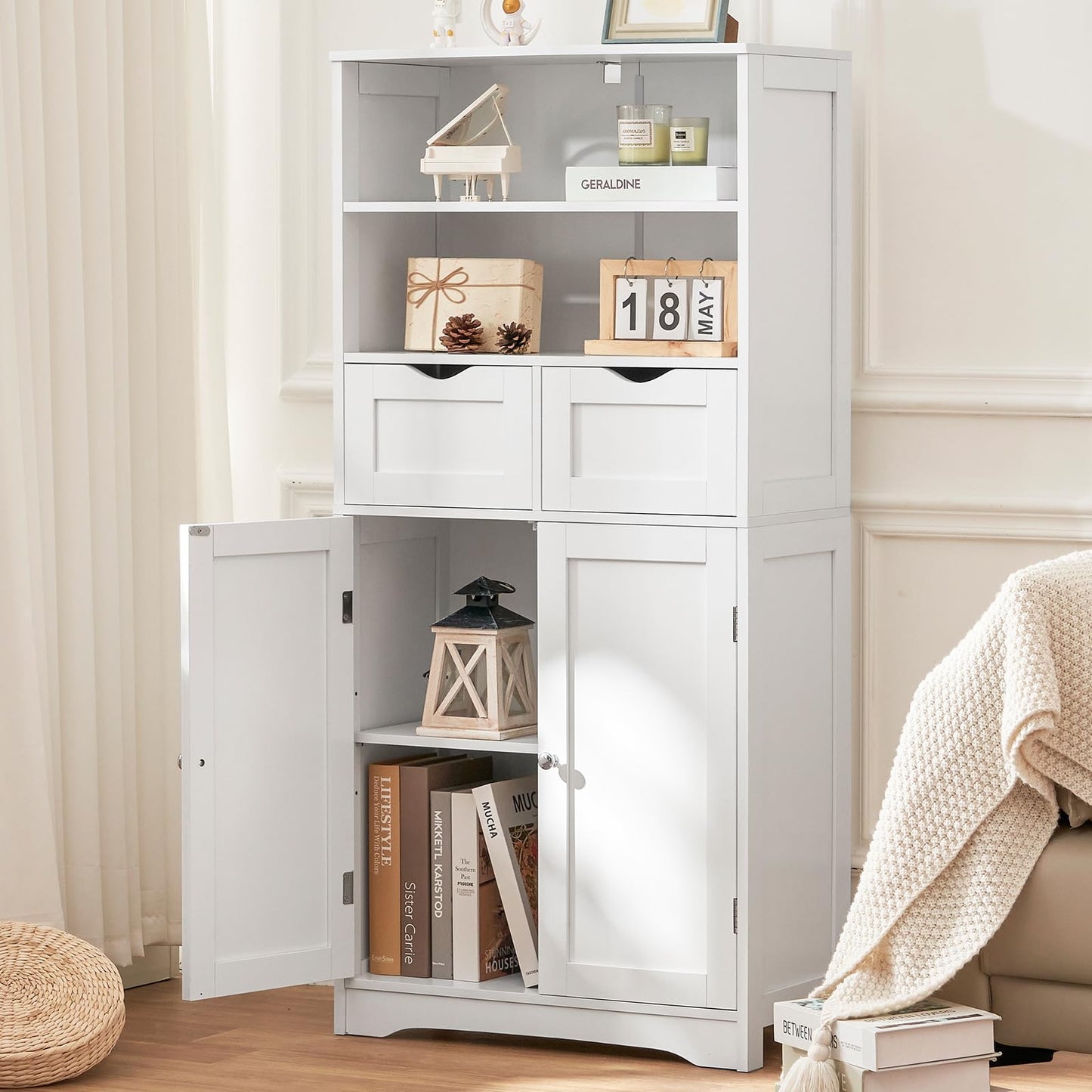 USIKEY Tall Bathroom Cabinet, Storage Cabinet with 2 Drawers & Adjustable Shelves, Bathroom Storage Cabinet for Living Room, Dining Room, Entryway