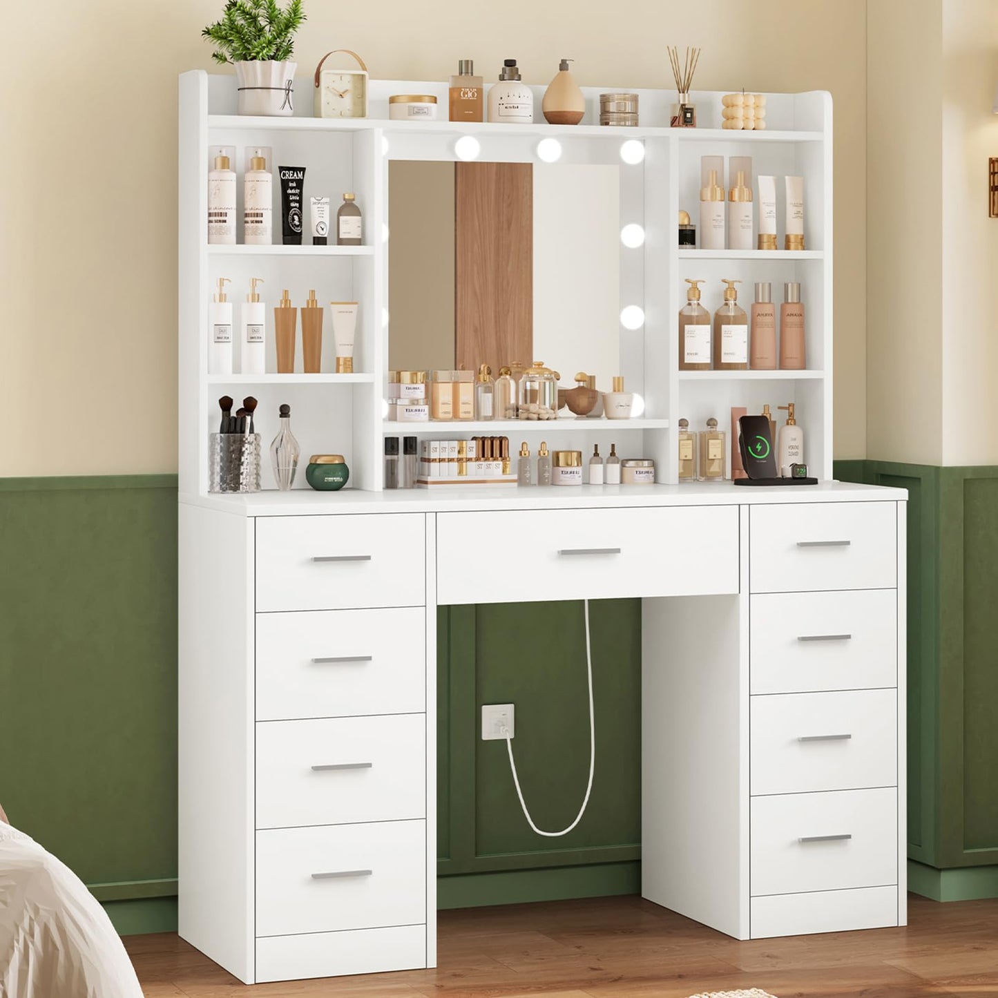 USIKEY Vanity Desk with Mirror and Lights, Power Outlet, Makeup Vanity with 9 Drawers & 6 Open Storage Shelves, 3 Lighting Modes Brightness Adjustable