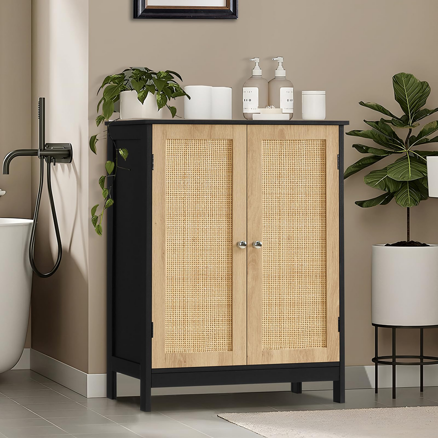 Storage Cabinet with 2 Storage Shelf, Rattan Cabinet with Doors, Accent Cabinet for Living Room, Entryway, Home Office, Natural