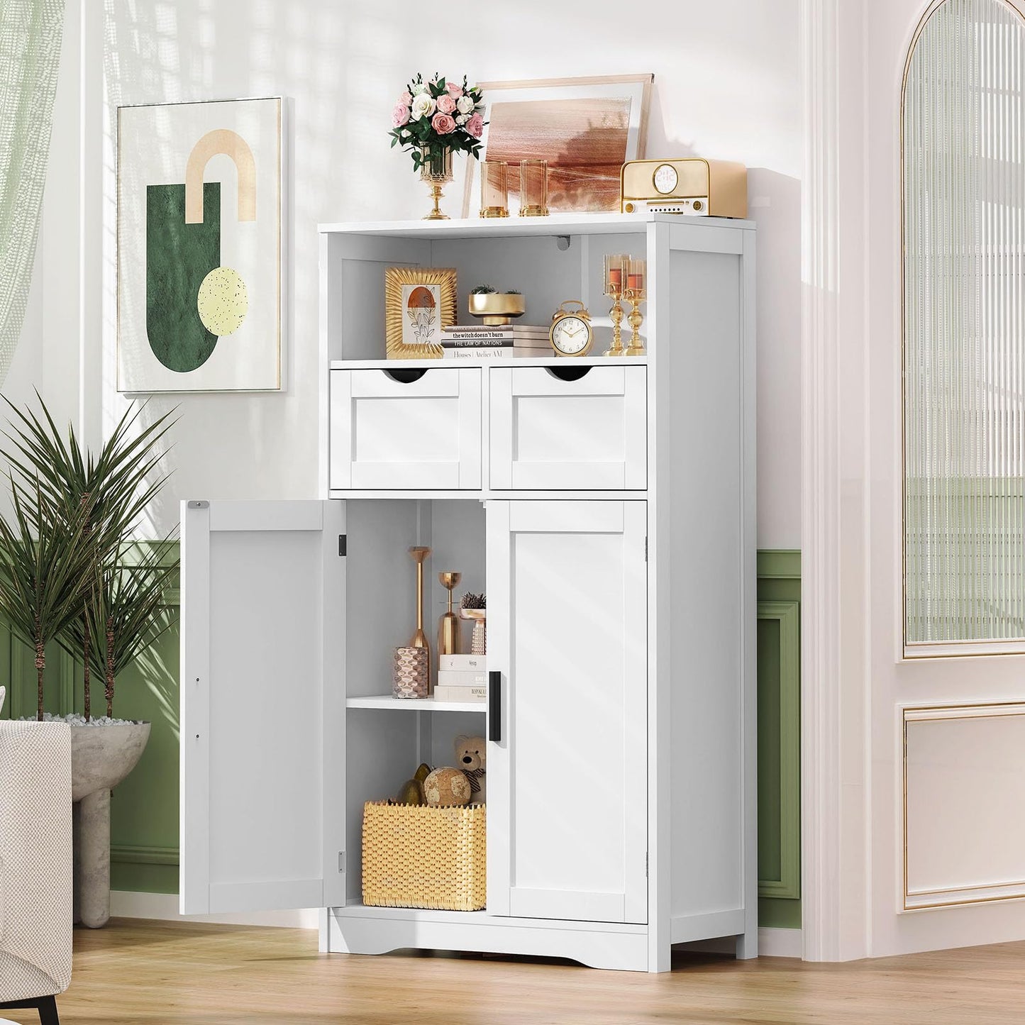 USIKEY Large Storage Cabinet, Rattan Cabinet with 2 Drawers & 2 Shelves, Cupboard, Floor Cabinet for Living Room, Home Office