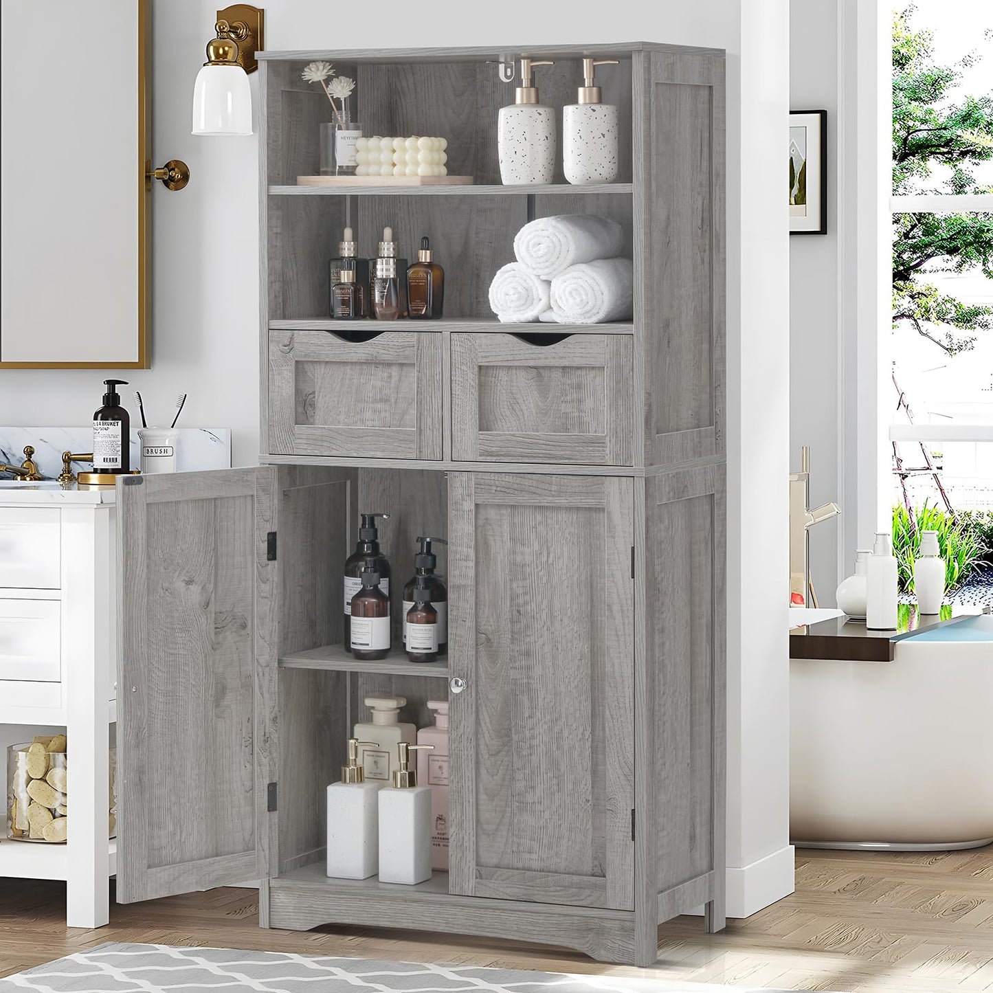 USIKEY Tall Bathroom Cabinet, Storage Cabinet with 2 Drawers & Adjustable Shelves, Bathroom Storage Cabinet for Living Room, Dining Room, Entryway