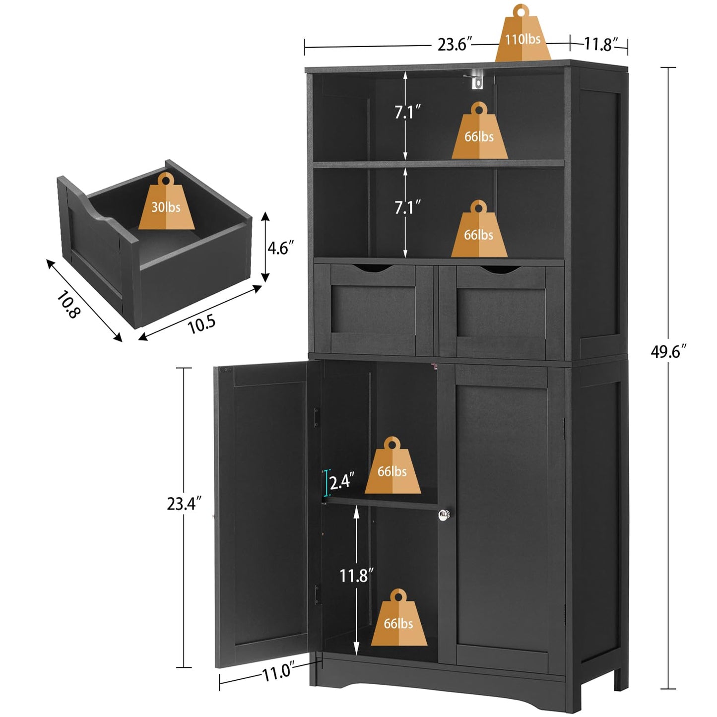USIKEY Tall Bathroom Cabinet, Storage Cabinet with 2 Drawers & Adjustable Shelves, Bathroom Storage Cabinet for Living Room, Dining Room, Entryway