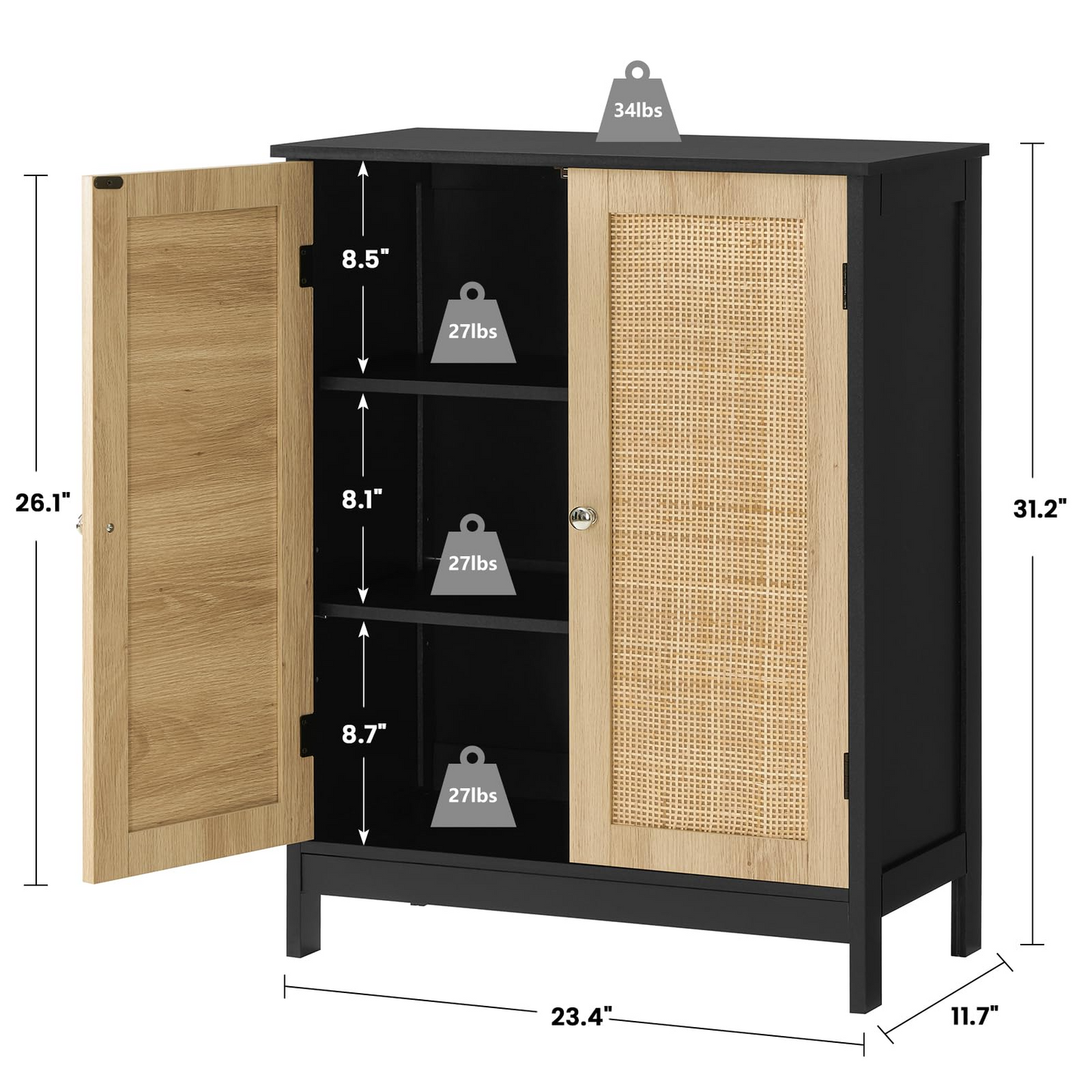 Storage Cabinet with 2 Storage Shelf, Rattan Cabinet with Doors, Accent Cabinet for Living Room, Entryway, Home Office, Natural