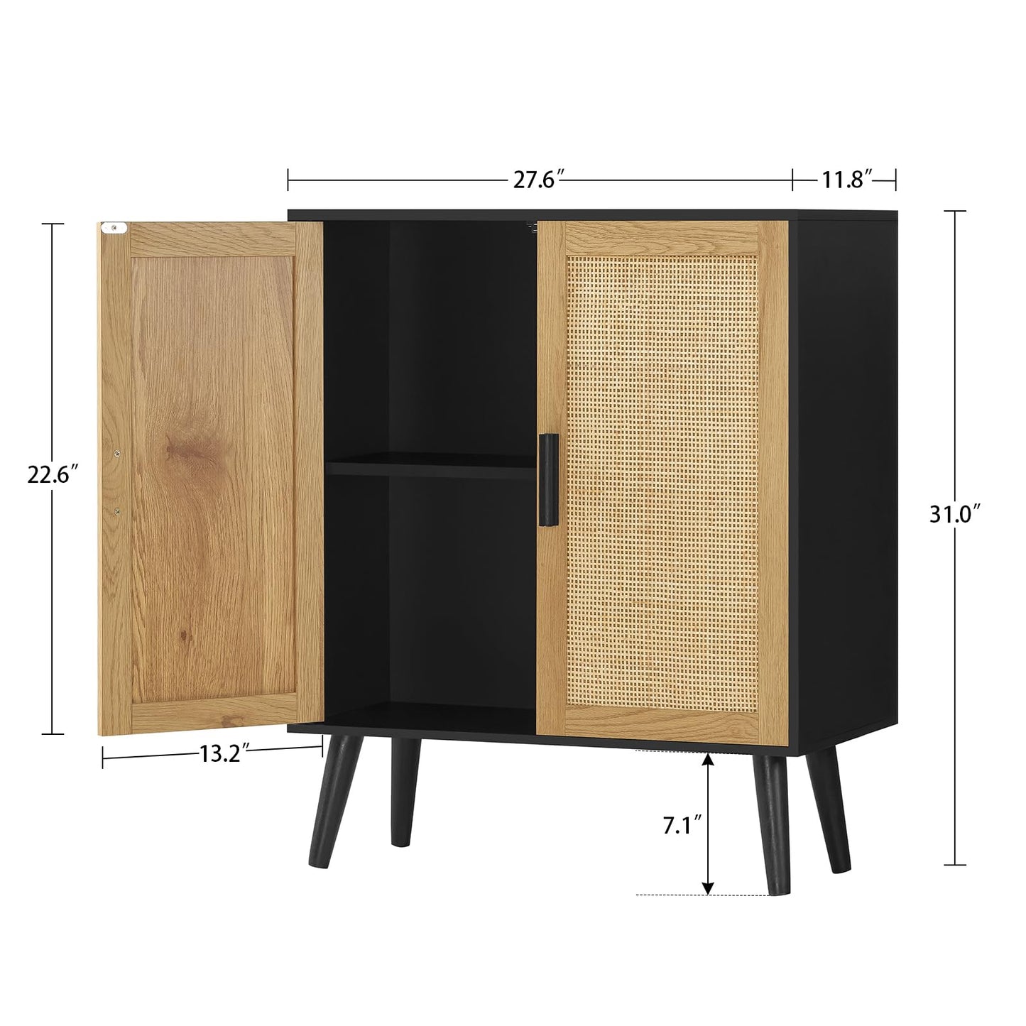USIKEY Rattan Storage Cabinet with Adjustable Shelf & Doors, Accent Cabinet for Living Room, Dining Room, Entryway, Natural + Black