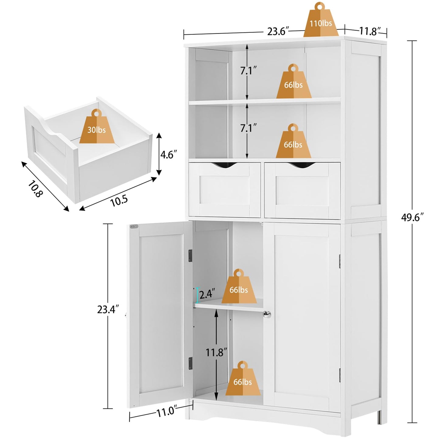 USIKEY Tall Bathroom Cabinet, Storage Cabinet with 2 Drawers & Adjustable Shelves, Bathroom Storage Cabinet for Living Room, Dining Room, Entryway