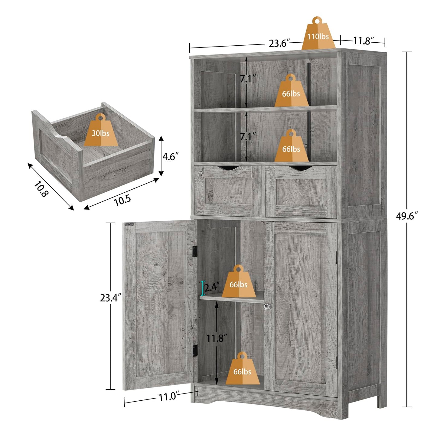 USIKEY Tall Bathroom Cabinet, Storage Cabinet with 2 Drawers & Adjustable Shelves, Bathroom Storage Cabinet for Living Room, Dining Room, Entryway