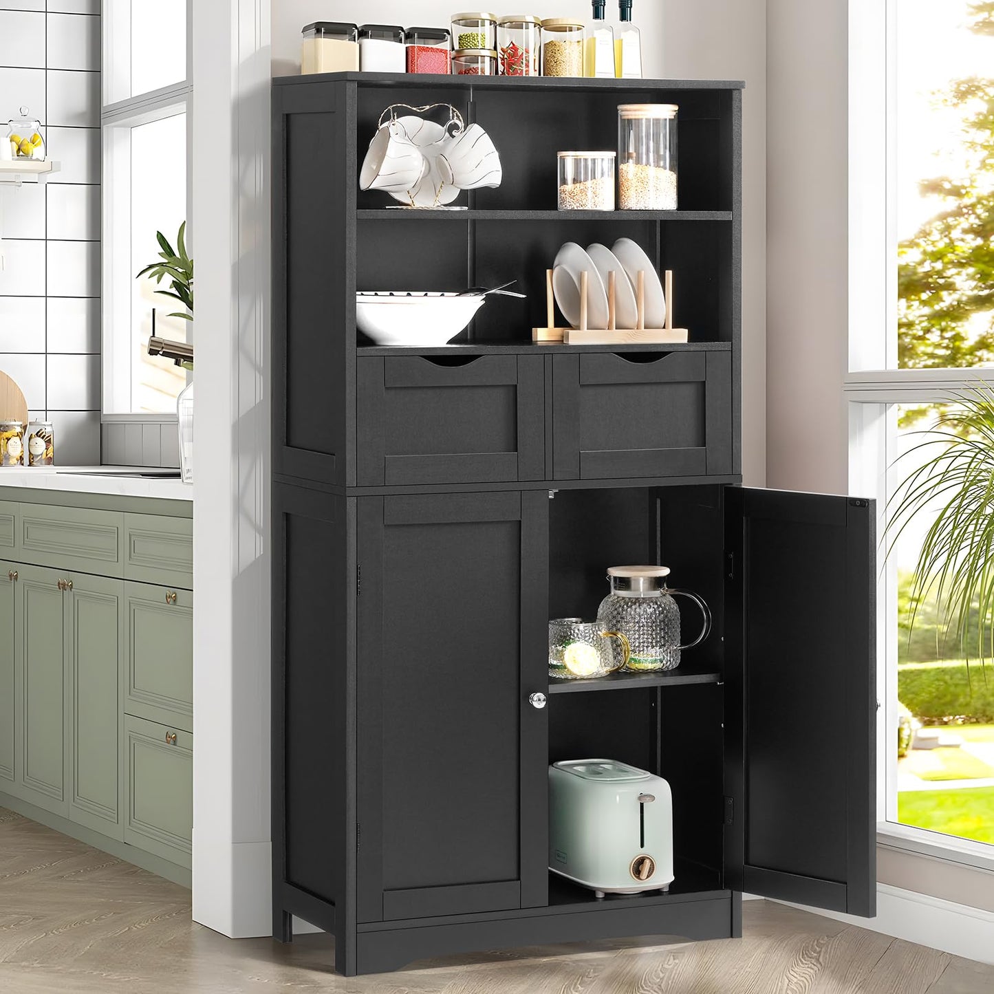 USIKEY Tall Bathroom Cabinet, Storage Cabinet with 2 Drawers & Adjustable Shelves, Bathroom Storage Cabinet for Living Room, Dining Room, Entryway