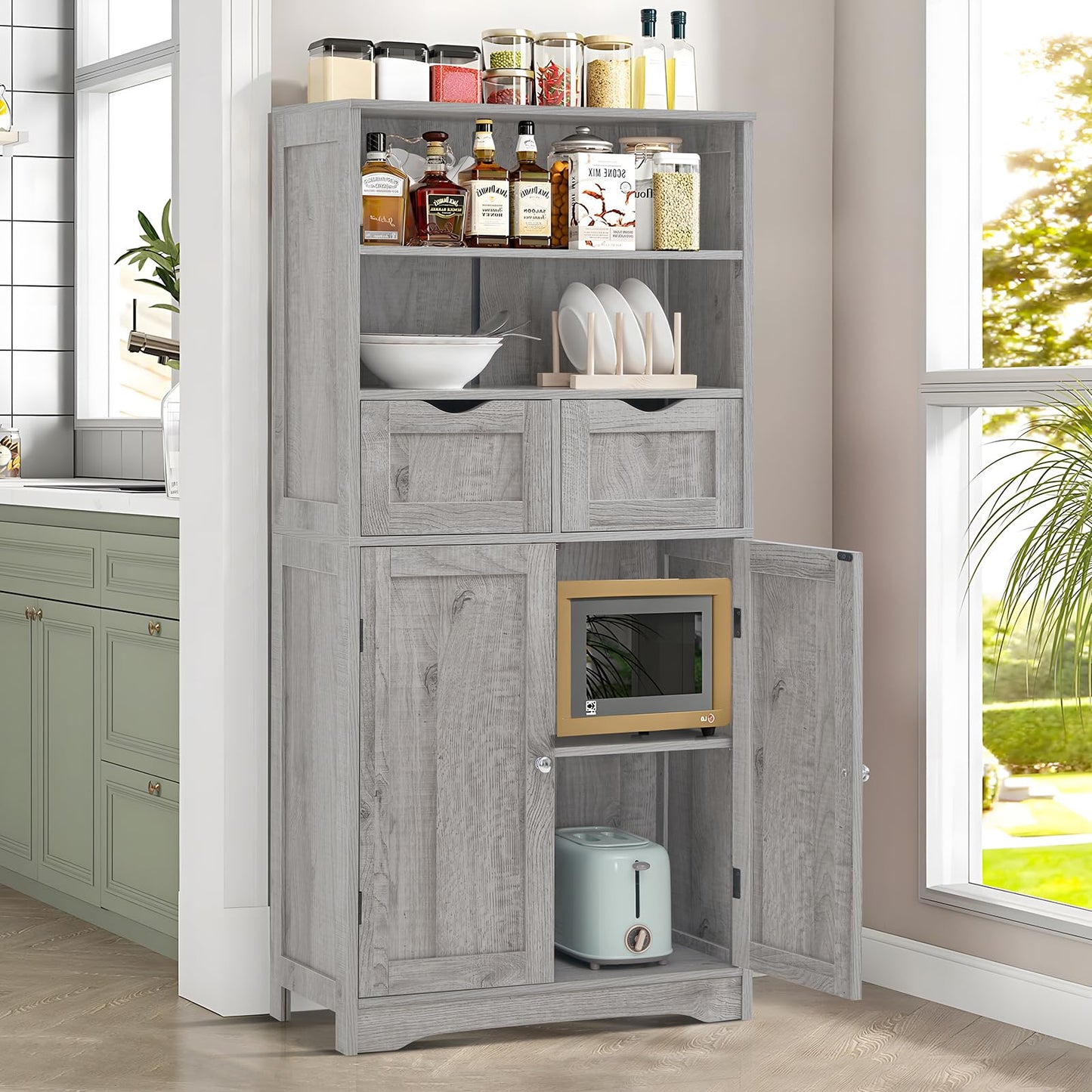 USIKEY Tall Bathroom Cabinet, Storage Cabinet with 2 Drawers & Adjustable Shelves, Bathroom Storage Cabinet for Living Room, Dining Room, Entryway