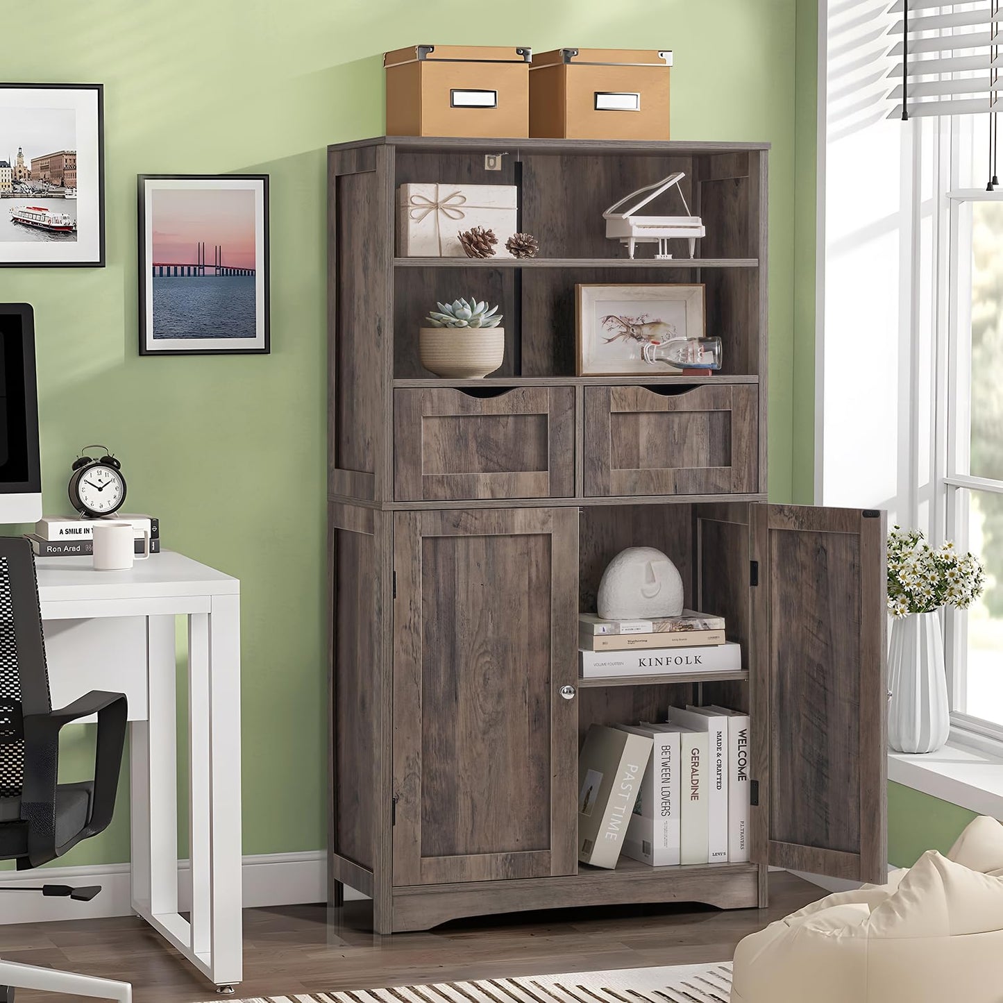 USIKEY Tall Bathroom Cabinet, Storage Cabinet with 2 Drawers & Adjustable Shelves, Bathroom Storage Cabinet for Living Room, Dining Room, Entryway
