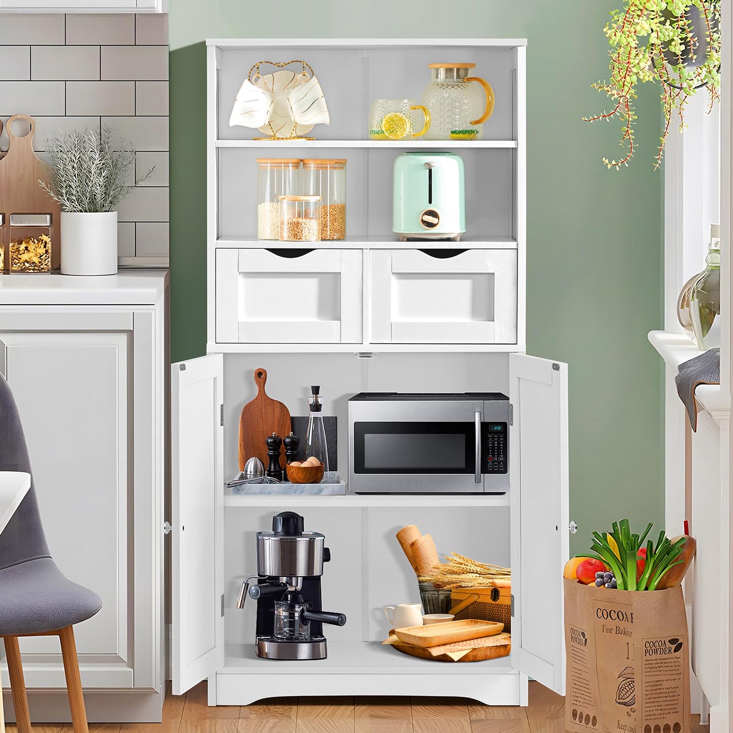 USIKEY Tall Bathroom Cabinet, Storage Cabinet with 2 Drawers & Adjustable Shelves, Bathroom Storage Cabinet for Living Room, Dining Room, Entryway