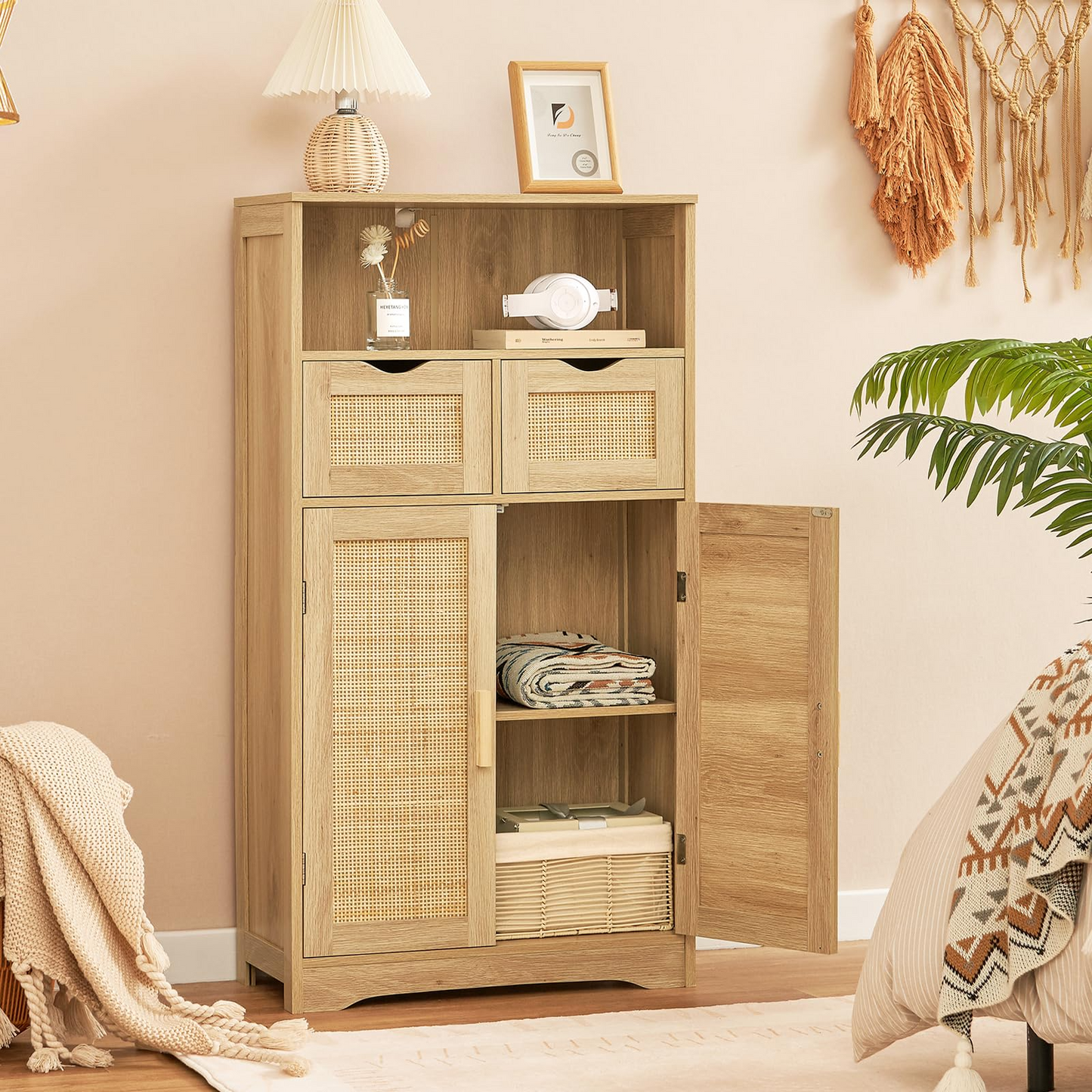 USIKEY Large Storage Cabinet, Rattan Cabinet with 2 Drawers & 2 Shelves, Cupboard, Floor Cabinet for Living Room, Home Office