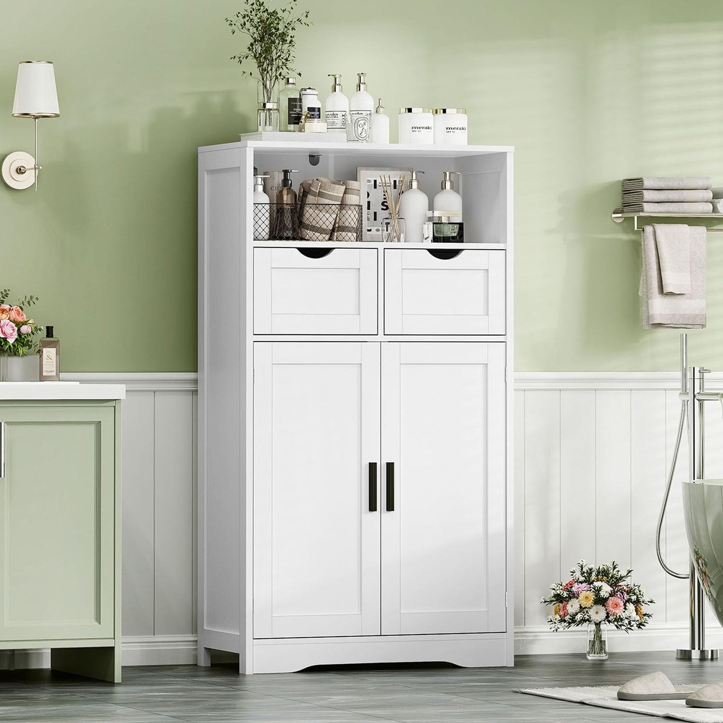 USIKEY Large Storage Cabinet, Rattan Cabinet with 2 Drawers & 2 Shelves, Cupboard, Floor Cabinet for Living Room, Home Office