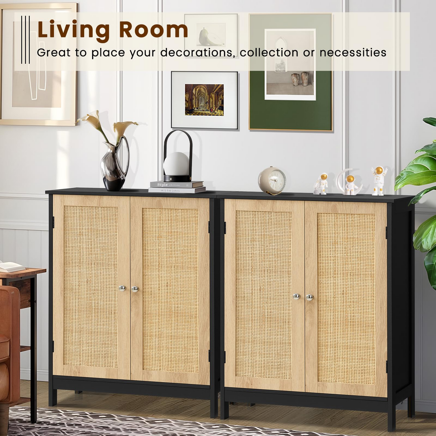 Storage Cabinet with 2 Storage Shelf, Rattan Cabinet with Doors, Accent Cabinet for Living Room, Entryway, Home Office, Natural