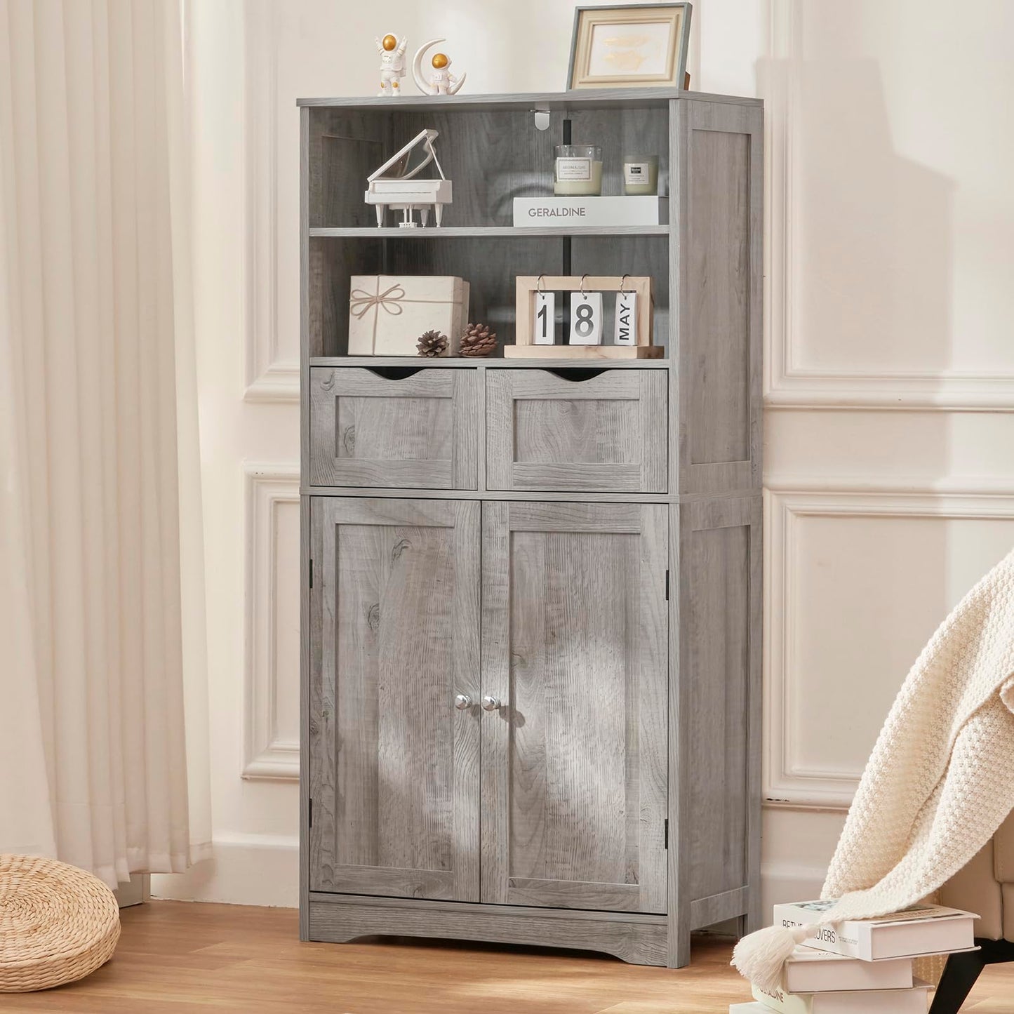 USIKEY Tall Bathroom Cabinet, Storage Cabinet with 2 Drawers & Adjustable Shelves, Bathroom Storage Cabinet for Living Room, Dining Room, Entryway