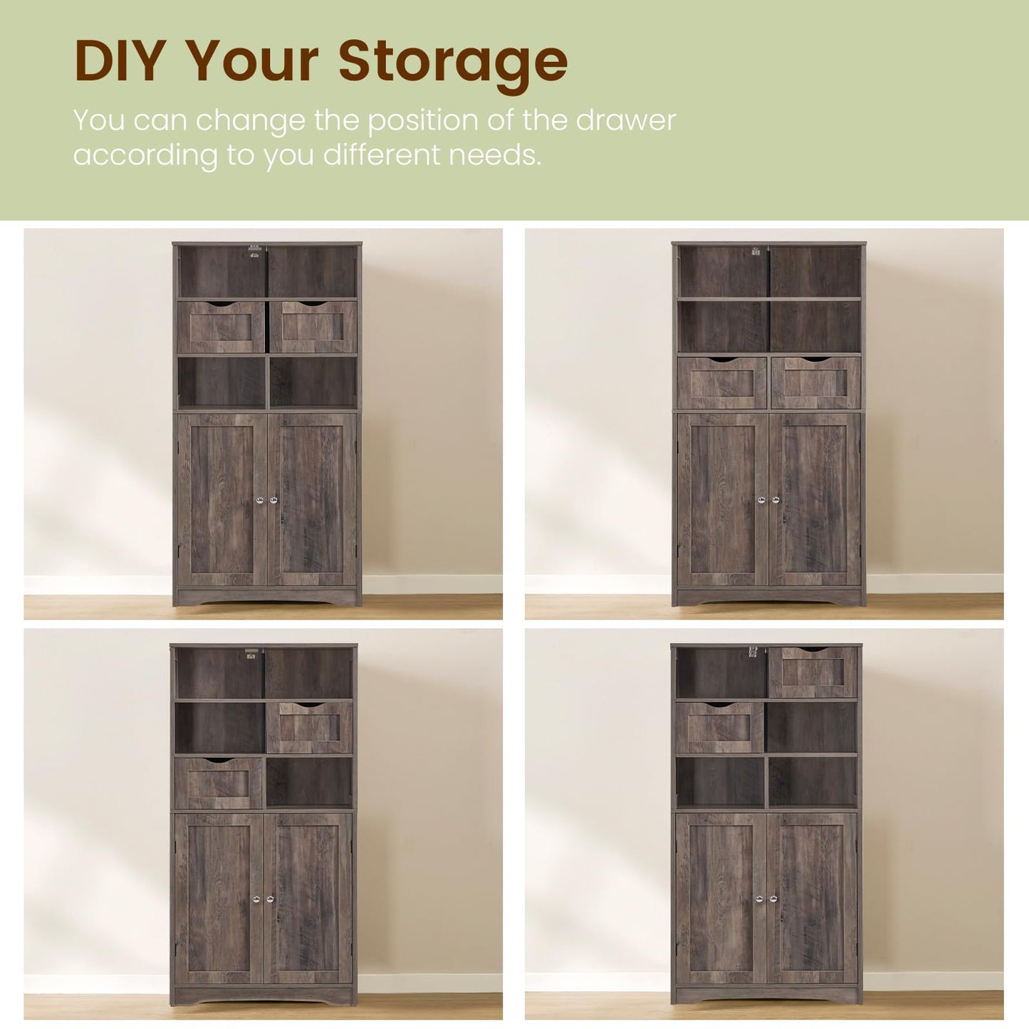 USIKEY Tall Bathroom Cabinet, Storage Cabinet with 2 Drawers & Adjustable Shelves, Bathroom Storage Cabinet for Living Room, Dining Room, Entryway