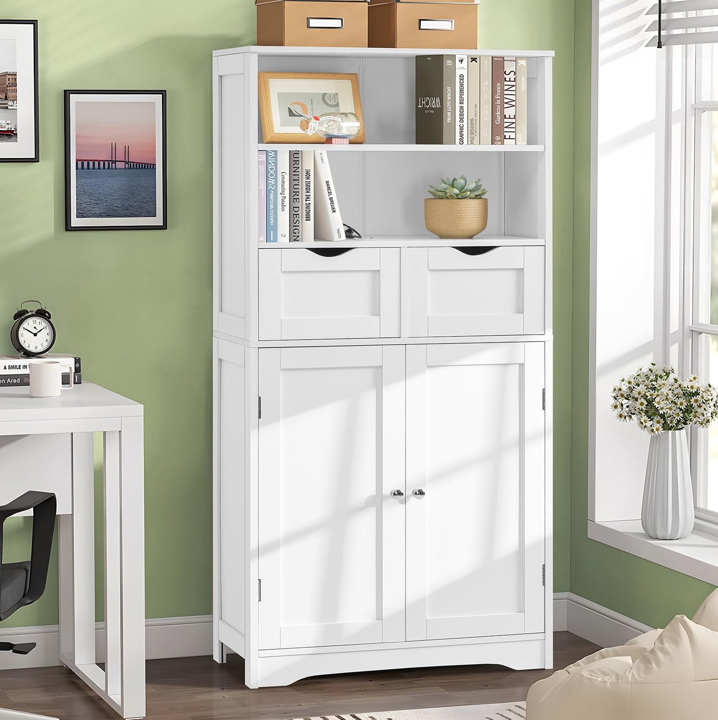 USIKEY Tall Bathroom Cabinet, Storage Cabinet with 2 Drawers & Adjustable Shelves, Bathroom Storage Cabinet for Living Room, Dining Room, Entryway