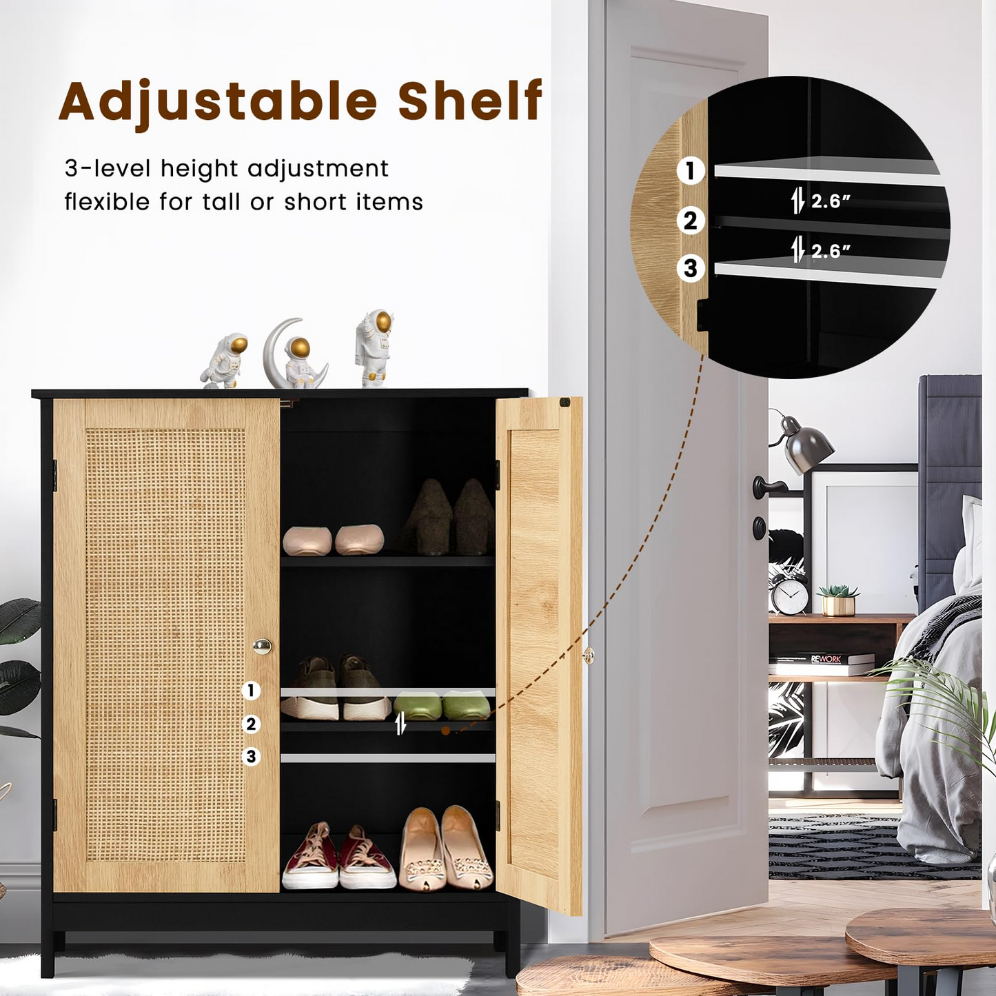 Storage Cabinet with 2 Storage Shelf, Rattan Cabinet with Doors, Accent Cabinet for Living Room, Entryway, Home Office, Natural