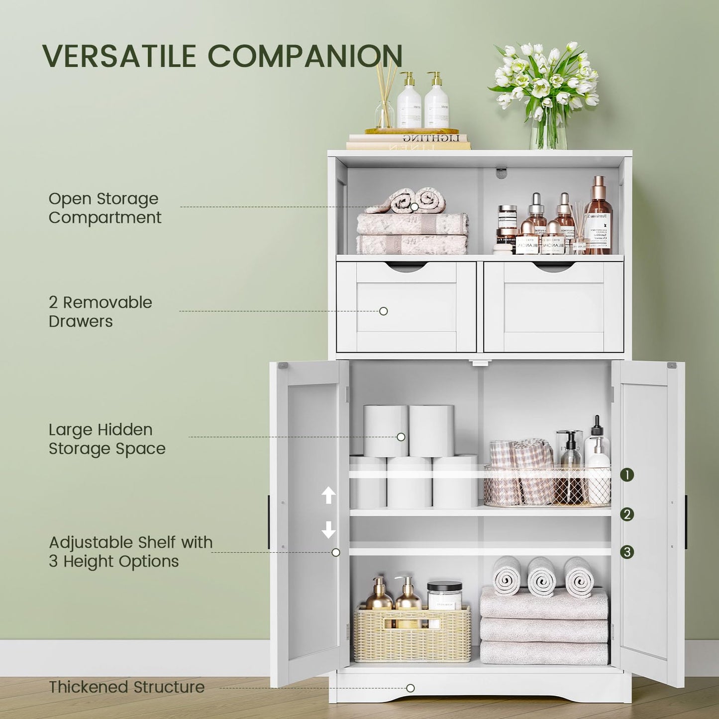 USIKEY Large Storage Cabinet, Rattan Cabinet with 2 Drawers & 2 Shelves, Cupboard, Floor Cabinet for Living Room, Home Office