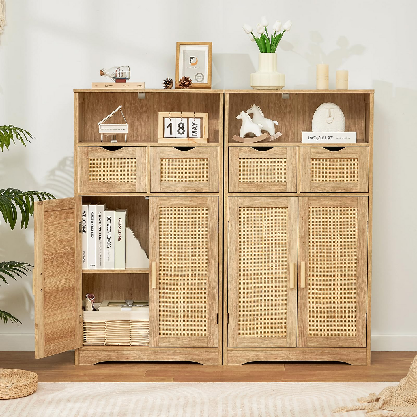 USIKEY Large Storage Cabinet, Rattan Cabinet with 2 Drawers & 2 Shelves, Cupboard, Floor Cabinet for Living Room, Home Office