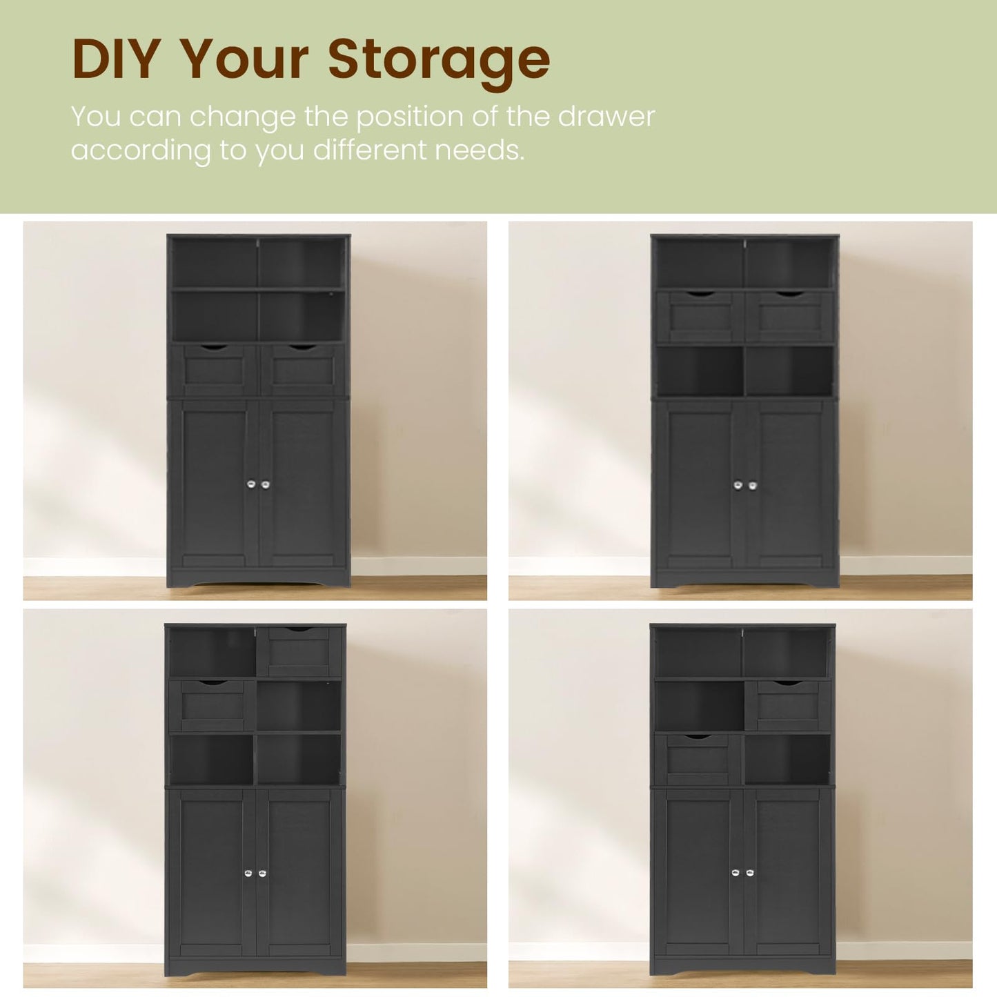 USIKEY Tall Bathroom Cabinet, Storage Cabinet with 2 Drawers & Adjustable Shelves, Bathroom Storage Cabinet for Living Room, Dining Room, Entryway