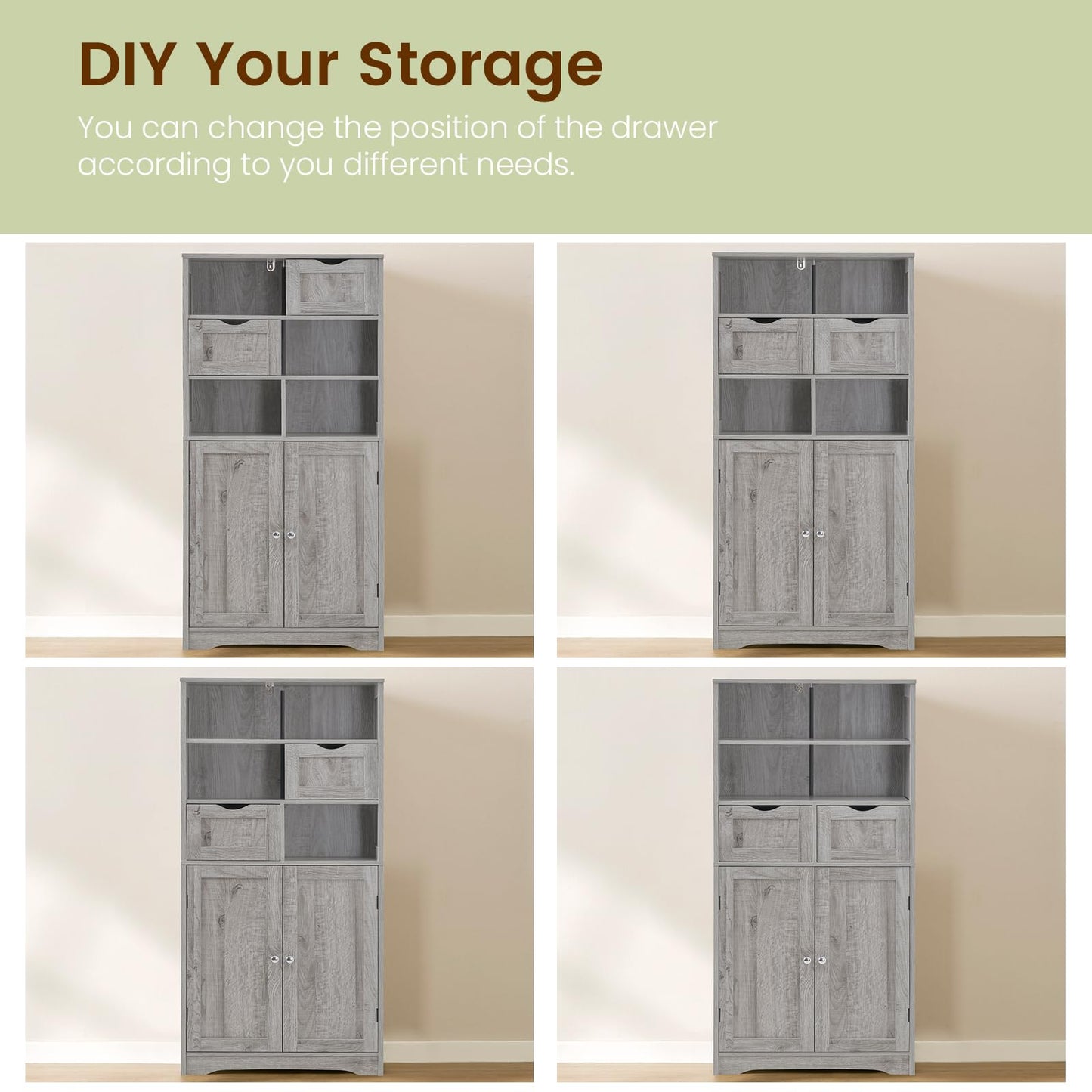 USIKEY Tall Bathroom Cabinet, Storage Cabinet with 2 Drawers & Adjustable Shelves, Bathroom Storage Cabinet for Living Room, Dining Room, Entryway