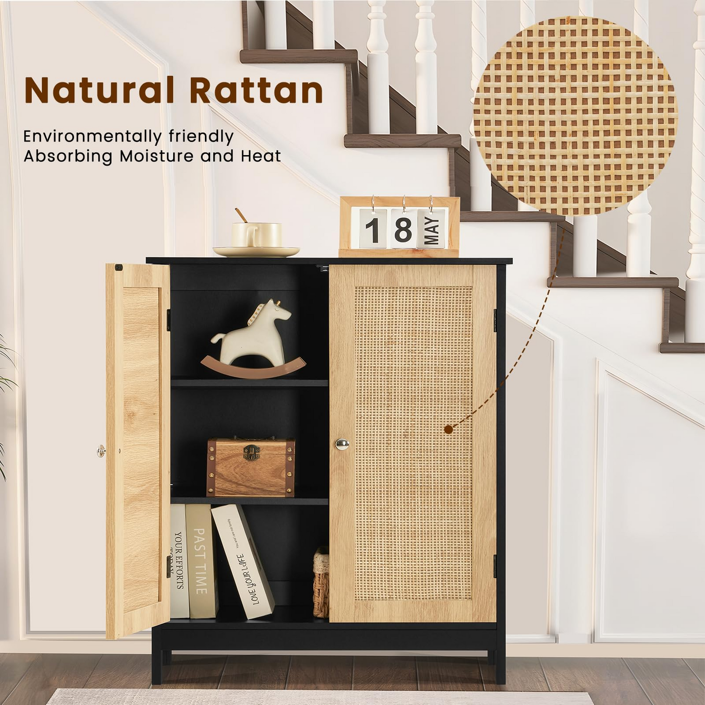Storage Cabinet with 2 Storage Shelf, Rattan Cabinet with Doors, Accent Cabinet for Living Room, Entryway, Home Office, Natural