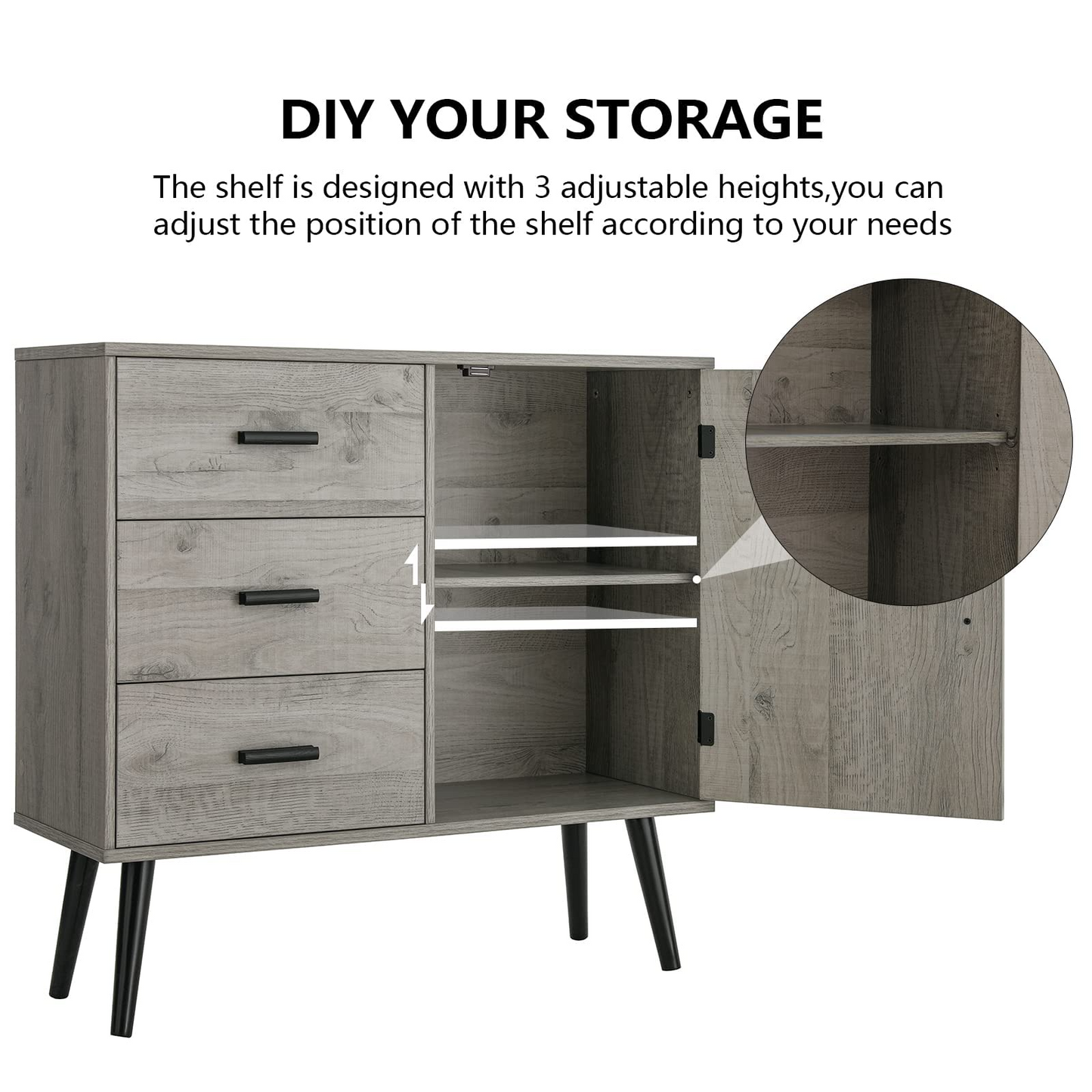 USIKEY Storage Cabinet with Rattan Door & 3 Drawers, Entryway Cabinet with Adjustable Shelf, Accent Cabinet for Living Room