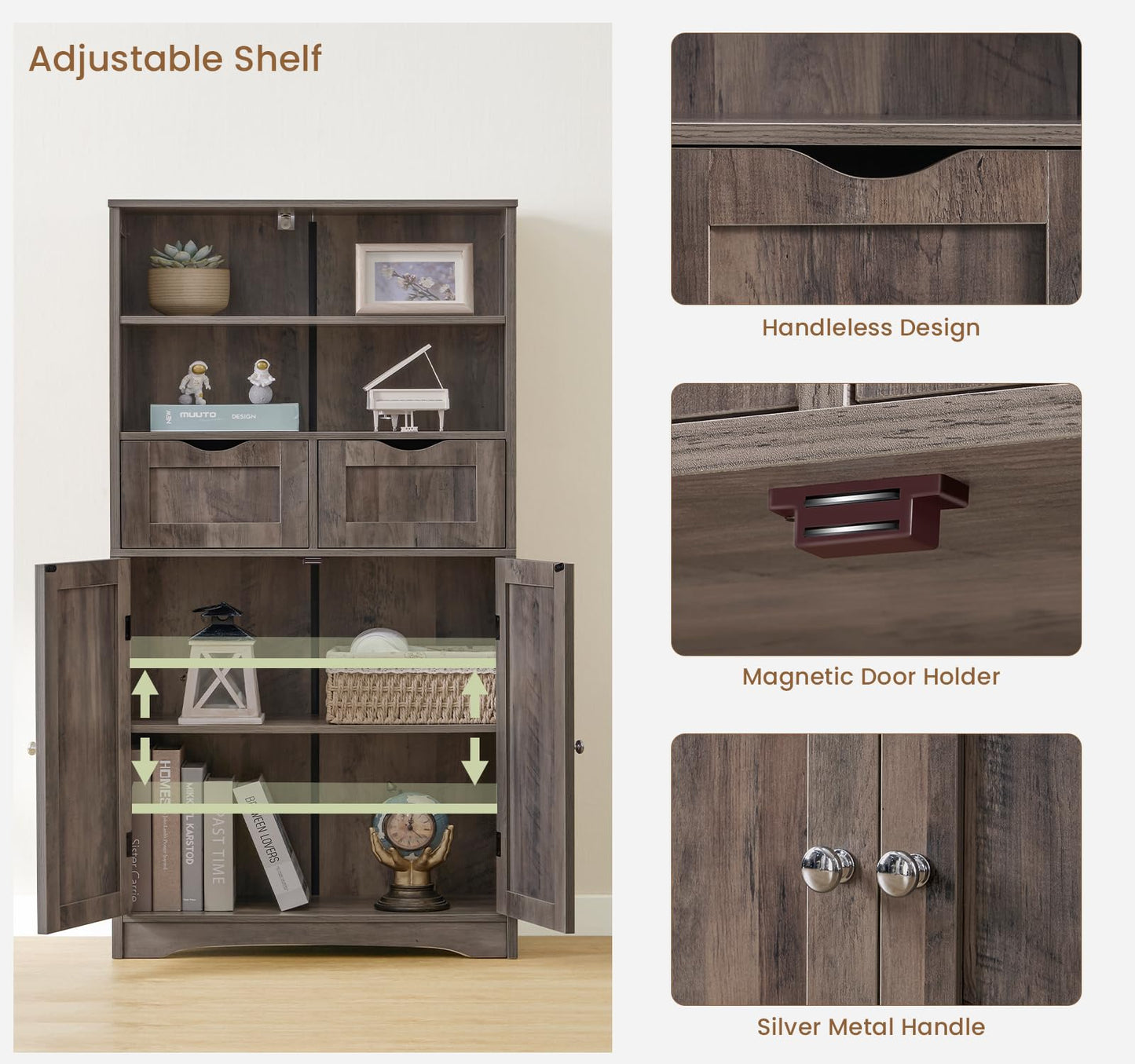 USIKEY Tall Bathroom Cabinet, Storage Cabinet with 2 Drawers & Adjustable Shelves, Bathroom Storage Cabinet for Living Room, Dining Room, Entryway