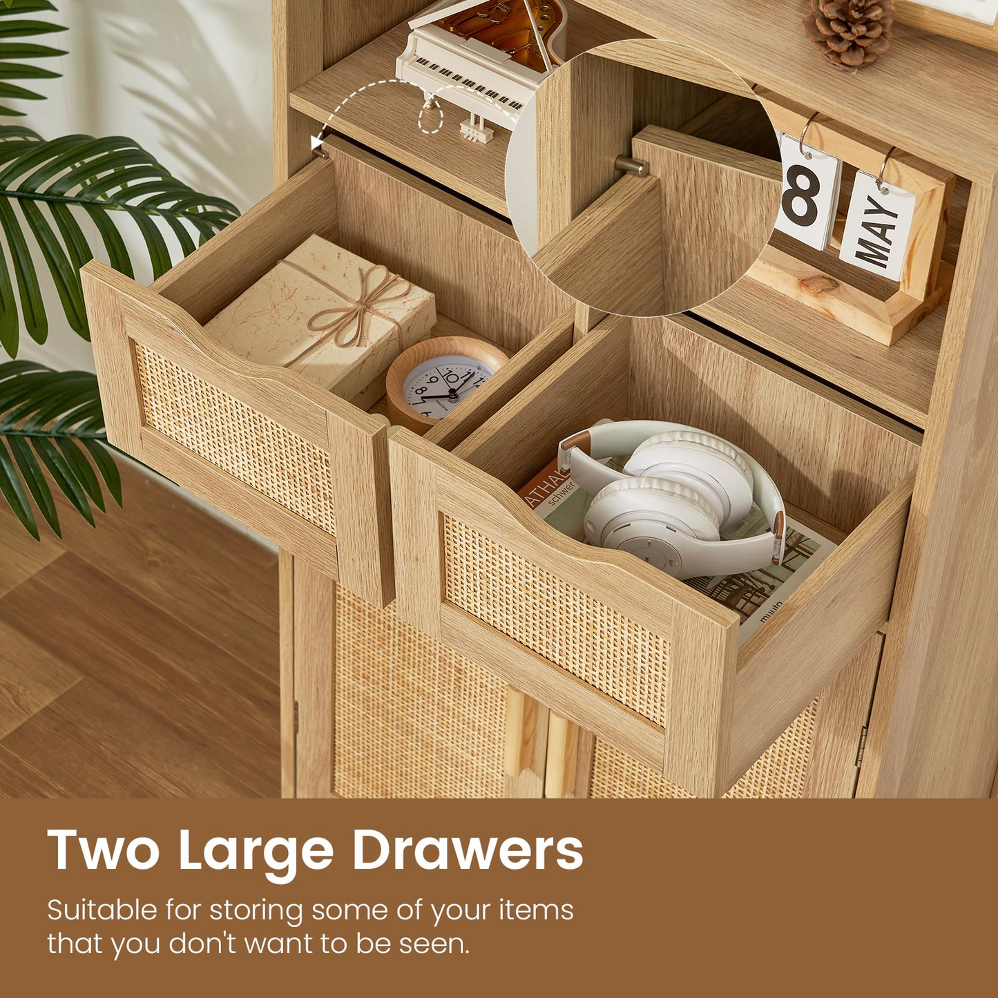 USIKEY Large Storage Cabinet, Rattan Cabinet with 2 Drawers & 2 Shelves, Cupboard, Floor Cabinet for Living Room, Home Office