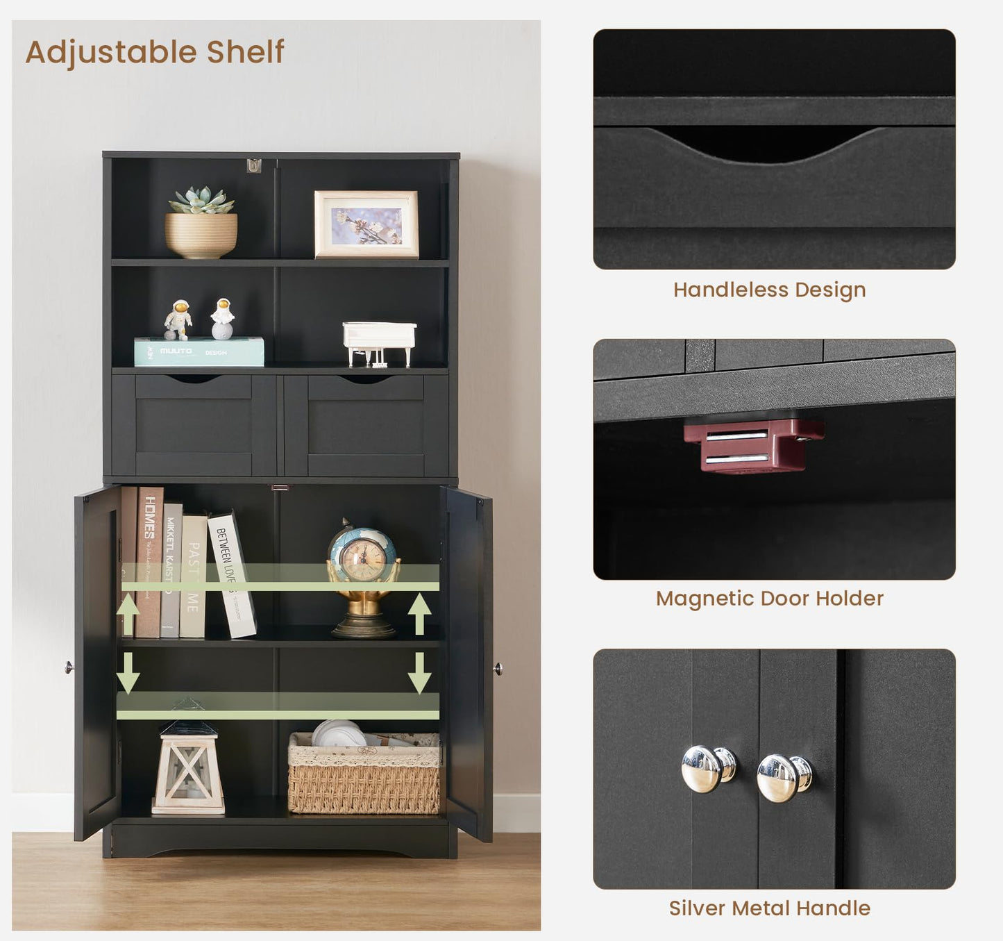USIKEY Tall Bathroom Cabinet, Storage Cabinet with 2 Drawers & Adjustable Shelves, Bathroom Storage Cabinet for Living Room, Dining Room, Entryway