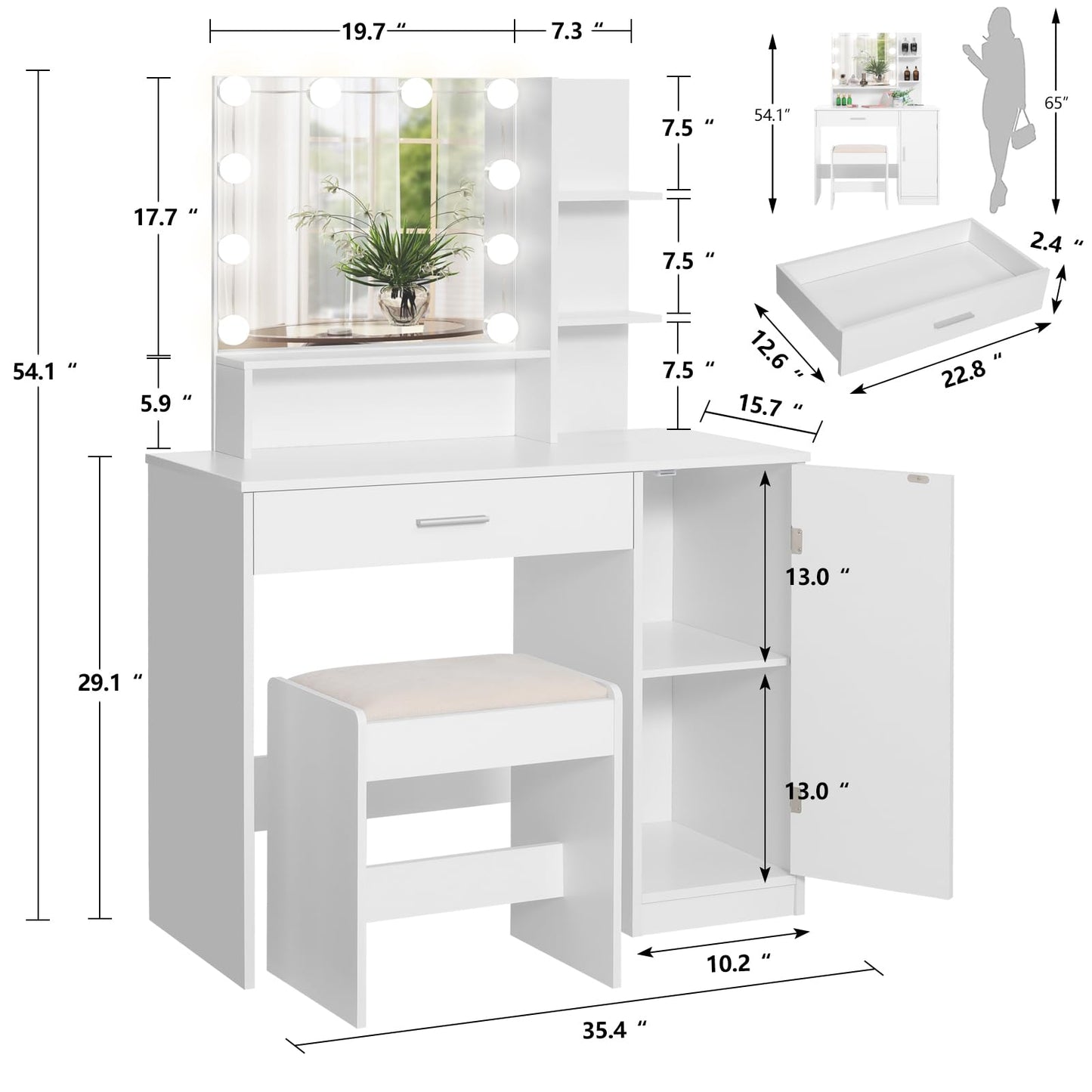 usikey Makeup Vanity Desk for Christmas, Vanity Desk Set with 1 Drawer, 1 Cabinet & 3 Shelves, Makeup Vanity Table with Stool for Bedroom, 3 Lighting Modes & Brightness Adjustable