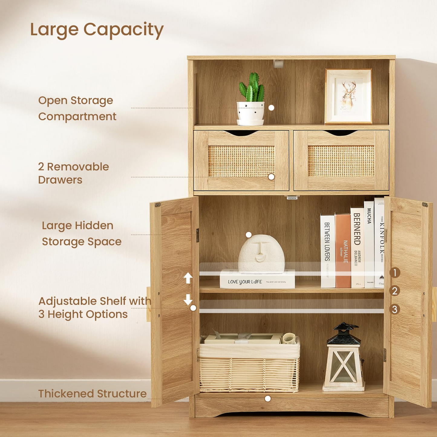 USIKEY Large Storage Cabinet, Rattan Cabinet with 2 Drawers & 2 Shelves, Cupboard, Floor Cabinet for Living Room, Home Office
